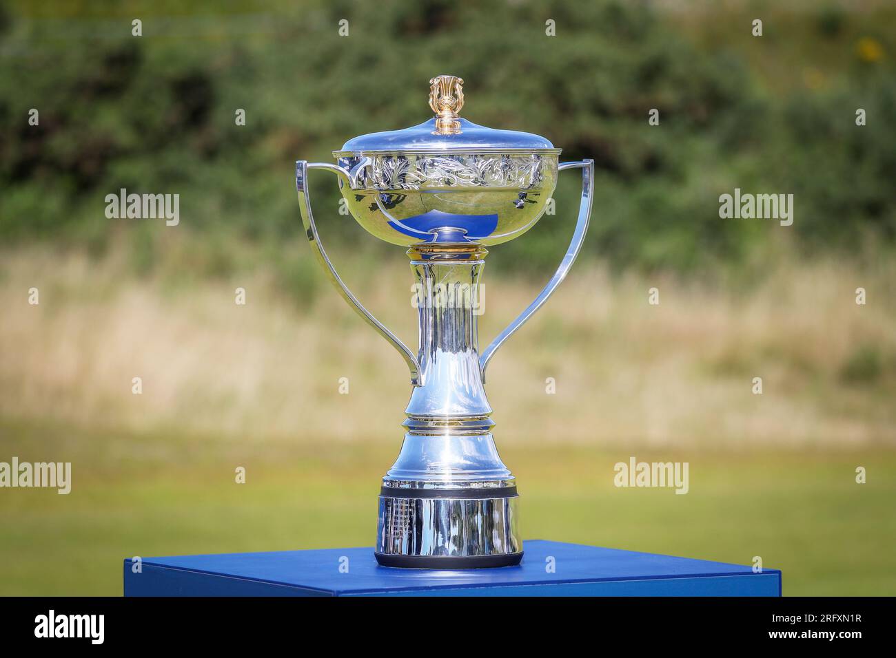 Dundonald Links, Irvine, Ayrshire, Regno Unito. 6 agosto 2023. UK il Trofeo per la vincitrice del torneo femminile Scottish Open Golf Tournament. Crediti: Findlay/Alamy Live News Foto Stock