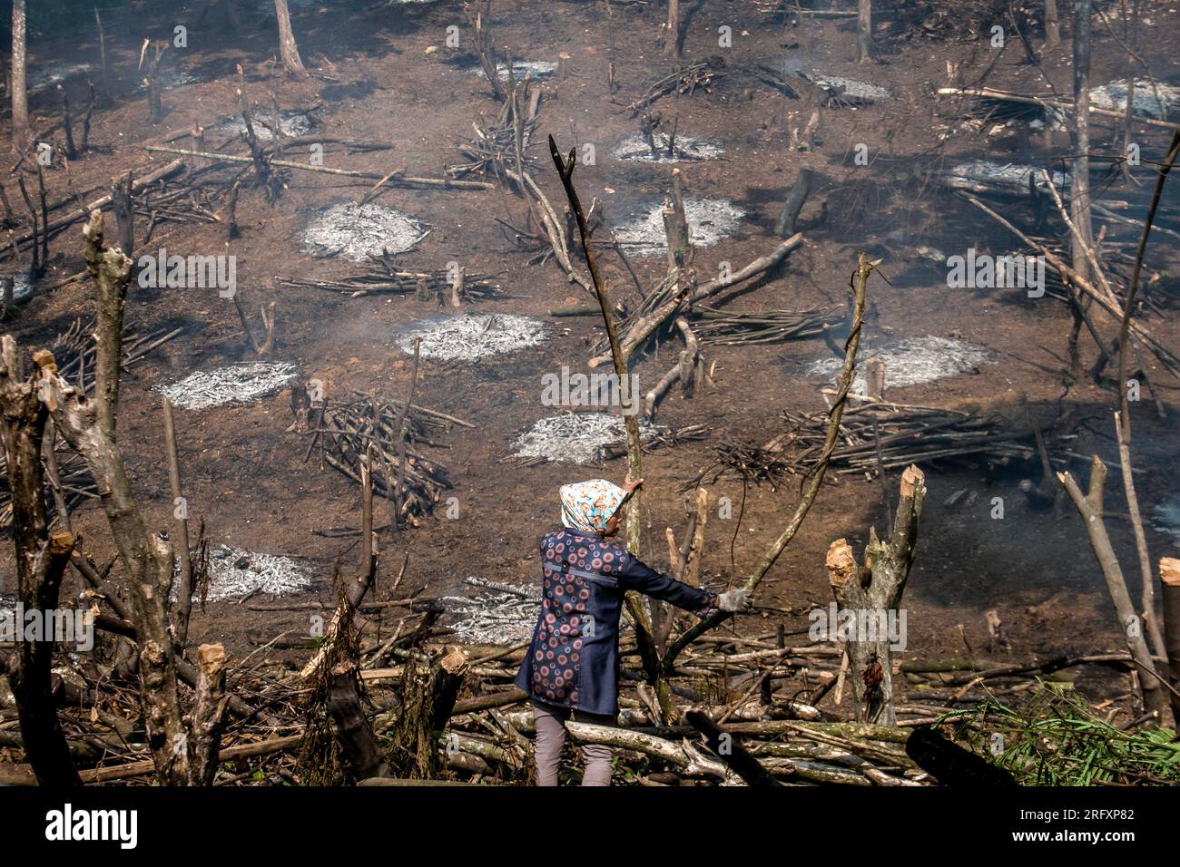 Bogor, Indonesia - 5 agosto 2023: Gli agricoltori stanno usando l'antico metodo di taglio e bruciatura per ripulire la loro terra agricola a Bogor, Giava Occidentale Foto Stock