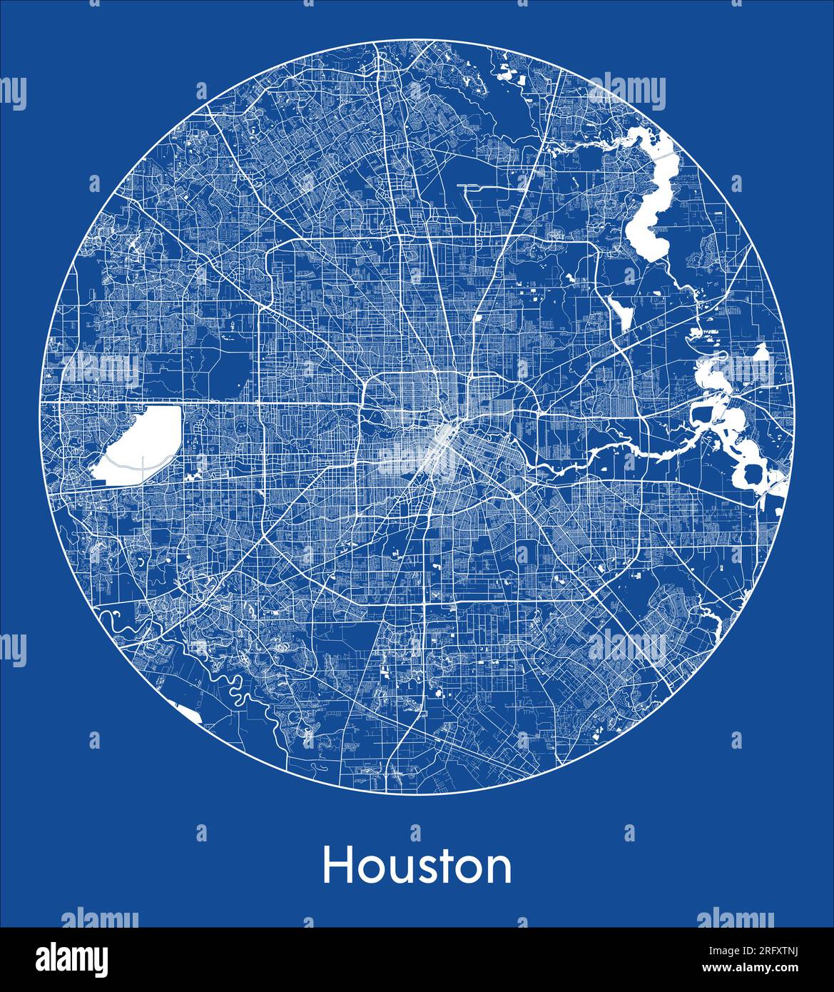 Mappa della città Houston Stati Uniti Nord America Stampa blu illustrazione vettoriale circolare Illustrazione Vettoriale