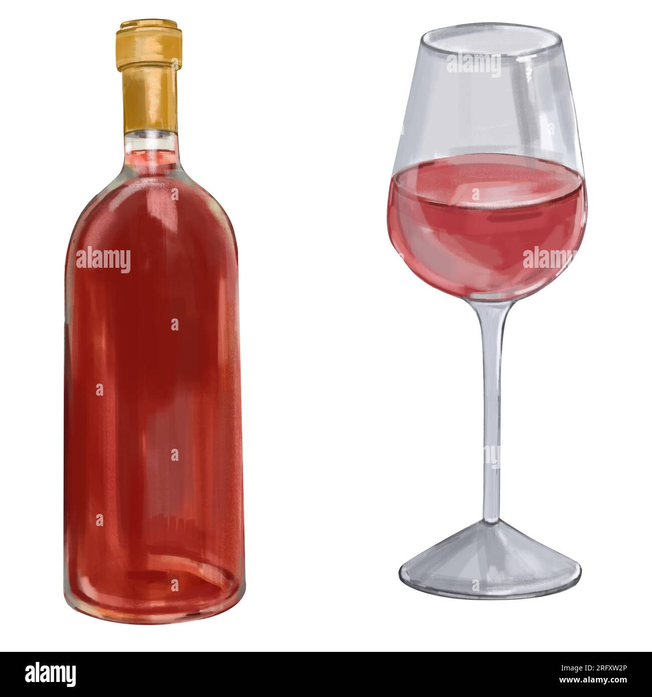 Bottiglia di vino rosso acquerello con wineglass. Bella illustrazione realistica disegnata a mano. Per stampe, biglietti d'auguri, logo, decorazioni per aziende vinicole. Foto Stock