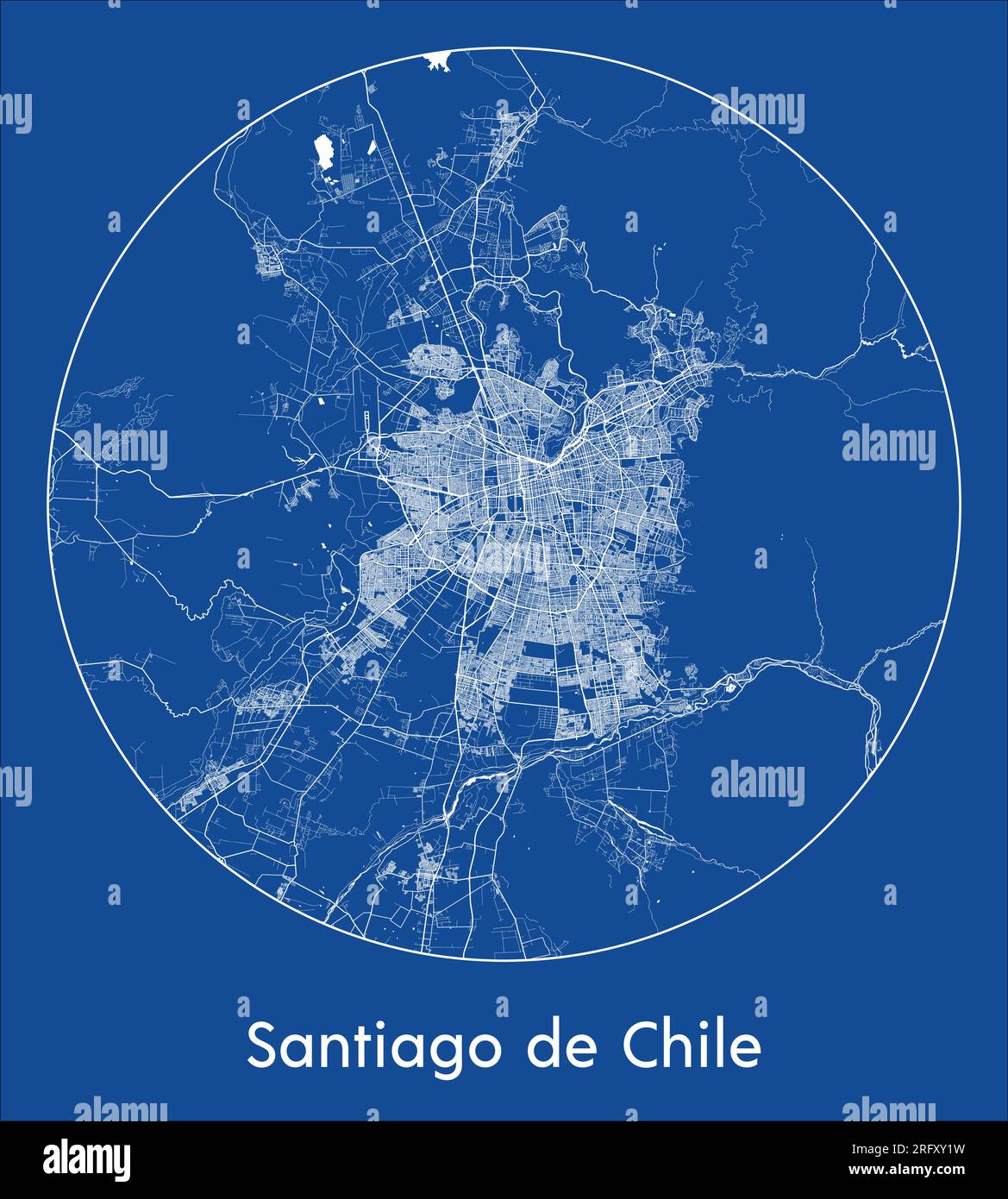 Mappa della città Santiago del Cile Cile Sud America Stampa blu cerchio rotondo illustrazione vettoriale Illustrazione Vettoriale