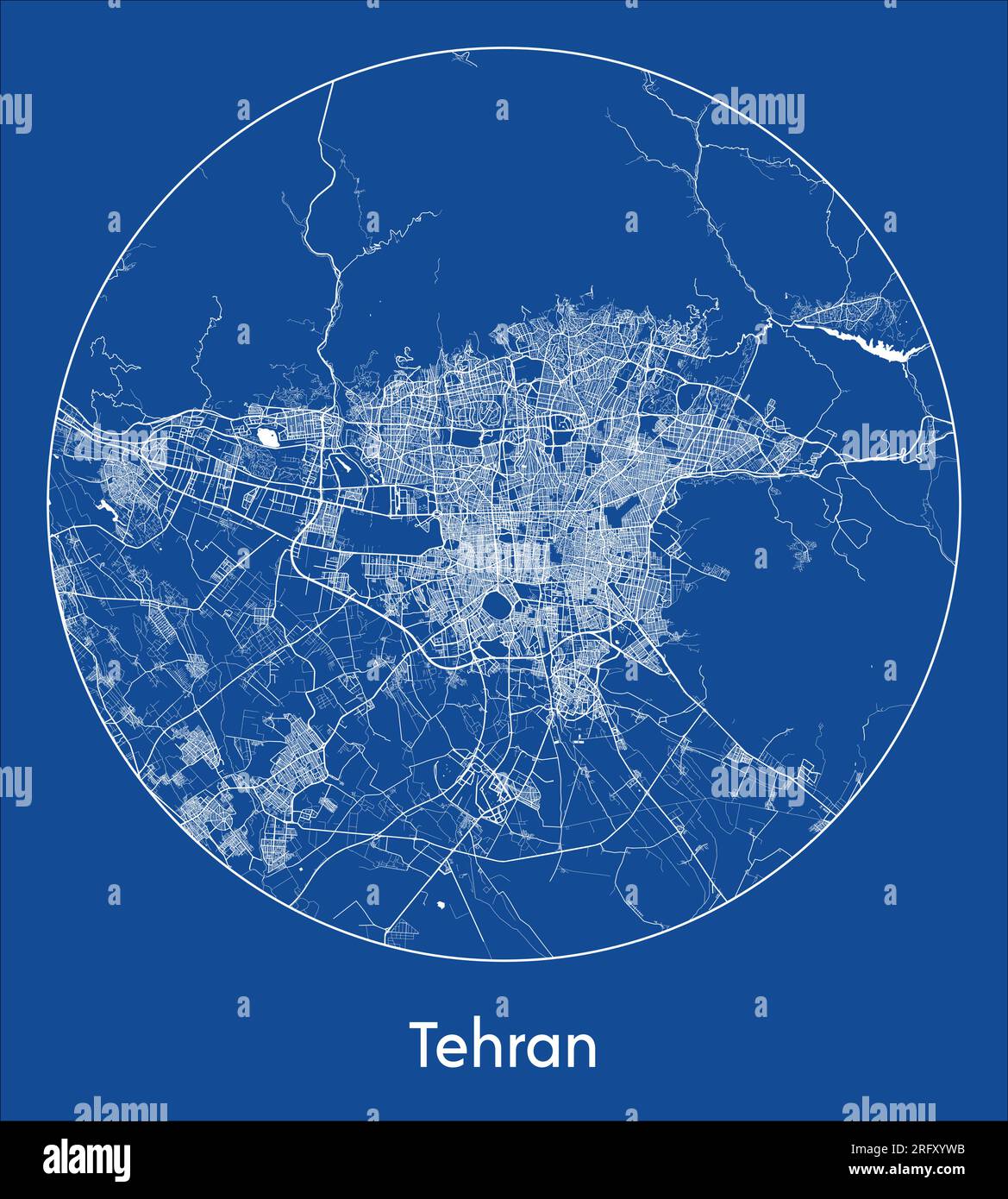 Mappa della città Teheran Iran Asia stampa blu cerchio rotondo illustrazione vettoriale Illustrazione Vettoriale