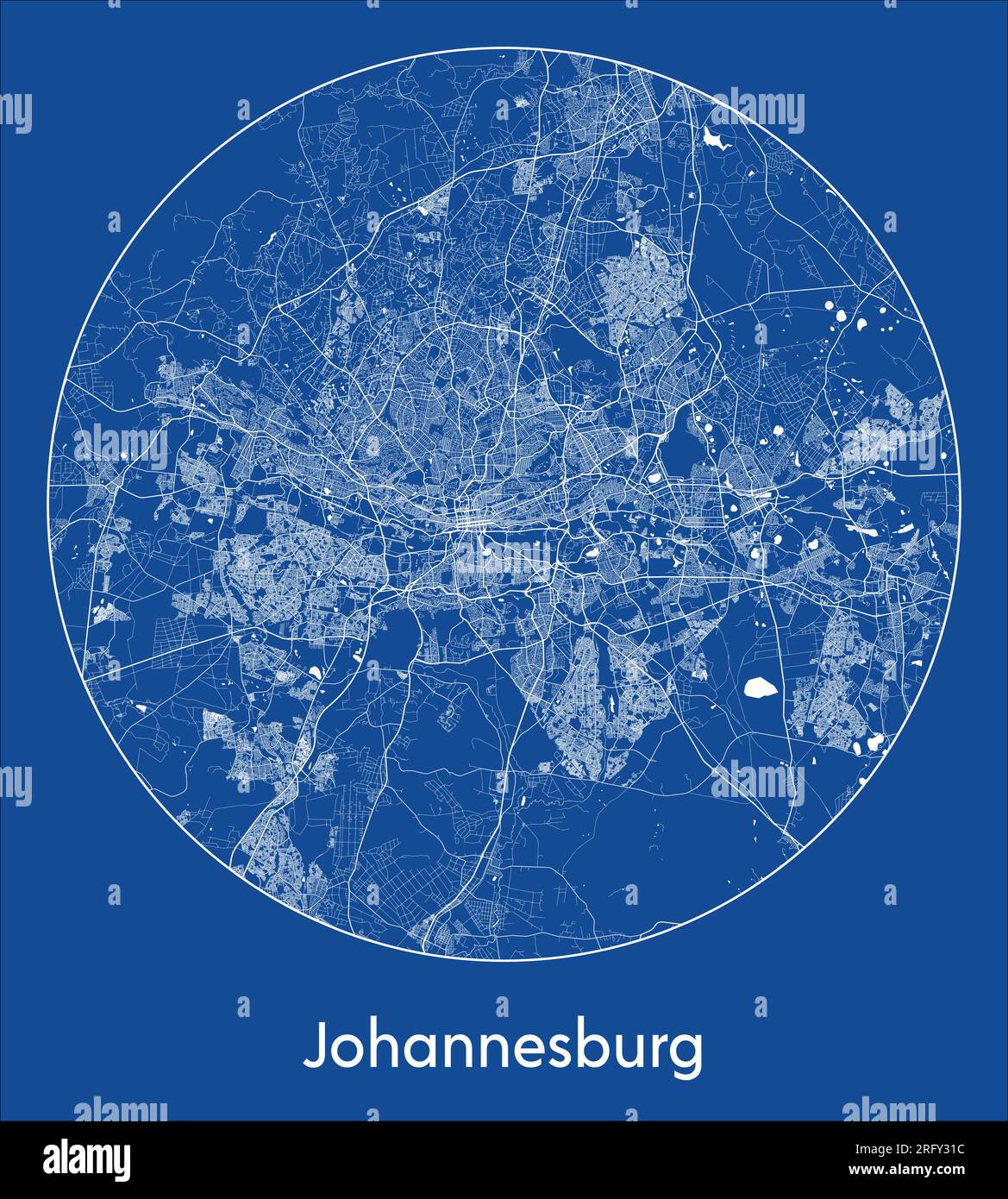 Mappa della città Johannesburg Sud Africa Stampa blu illustrazione vettoriale circolare Illustrazione Vettoriale