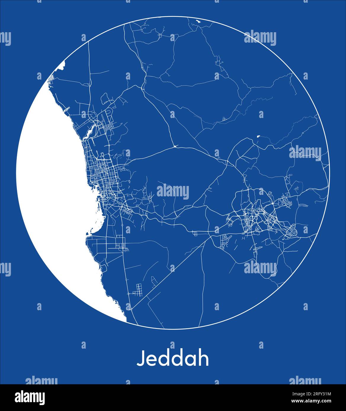 Mappa della città di Jeddah Arabia Saudita Asia stampa blu cerchio rotondo illustrazione vettoriale Illustrazione Vettoriale