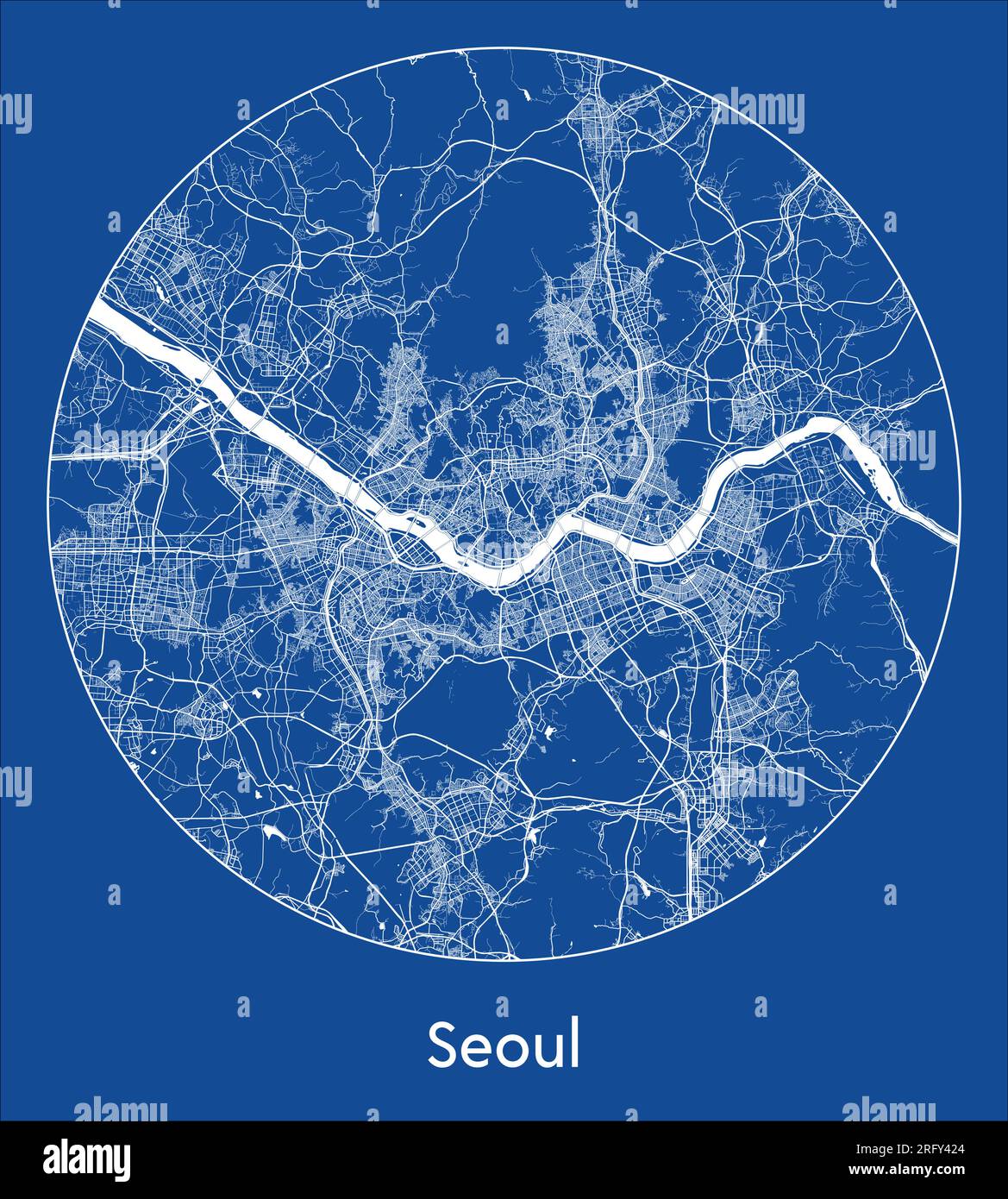 Mappa della città Seul Corea del Sud Asia stampa blu circolare illustrazione vettoriale Illustrazione Vettoriale