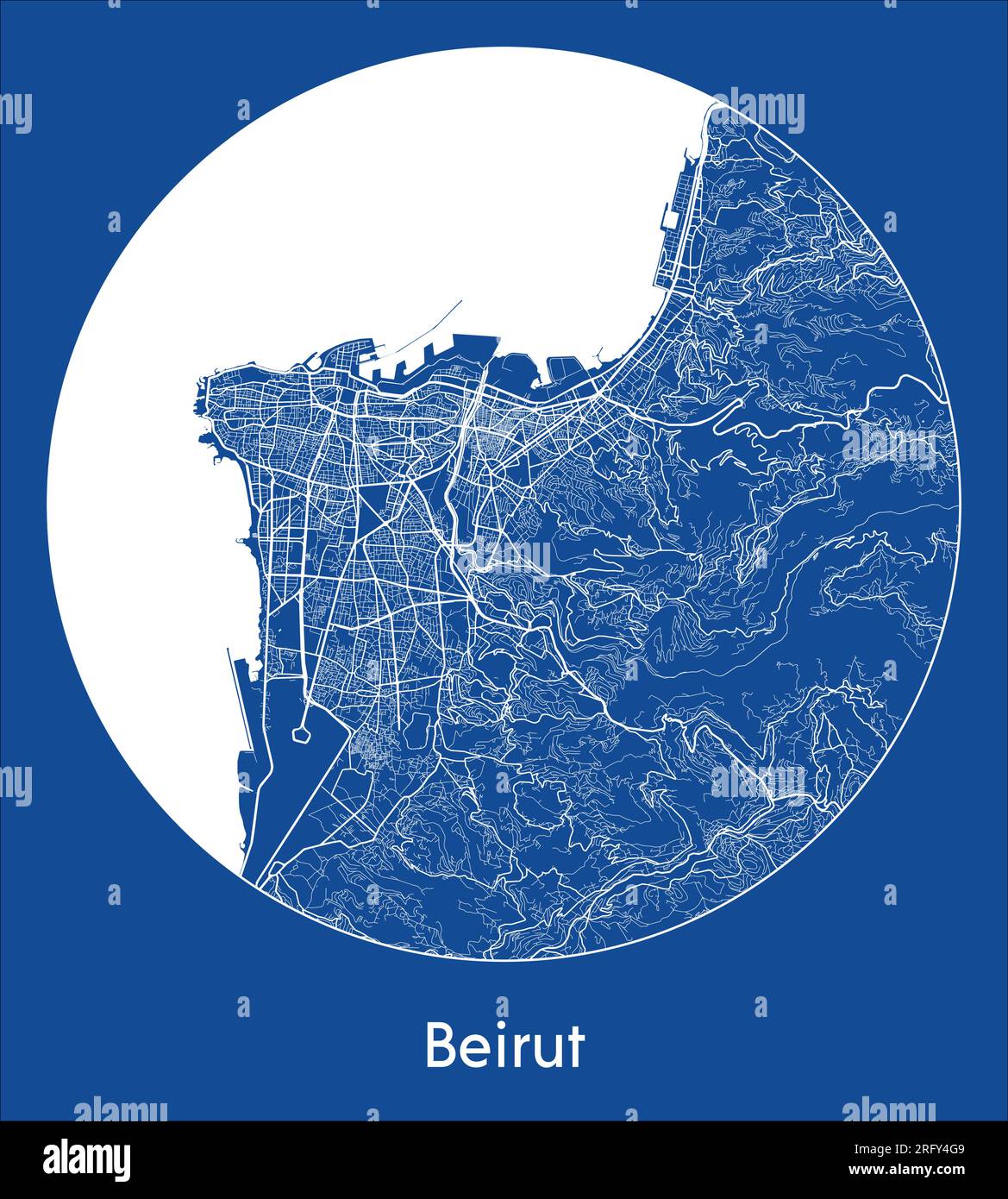 Mappa della città Beirut Libano Asia stampa blu circolare illustrazione vettoriale Illustrazione Vettoriale