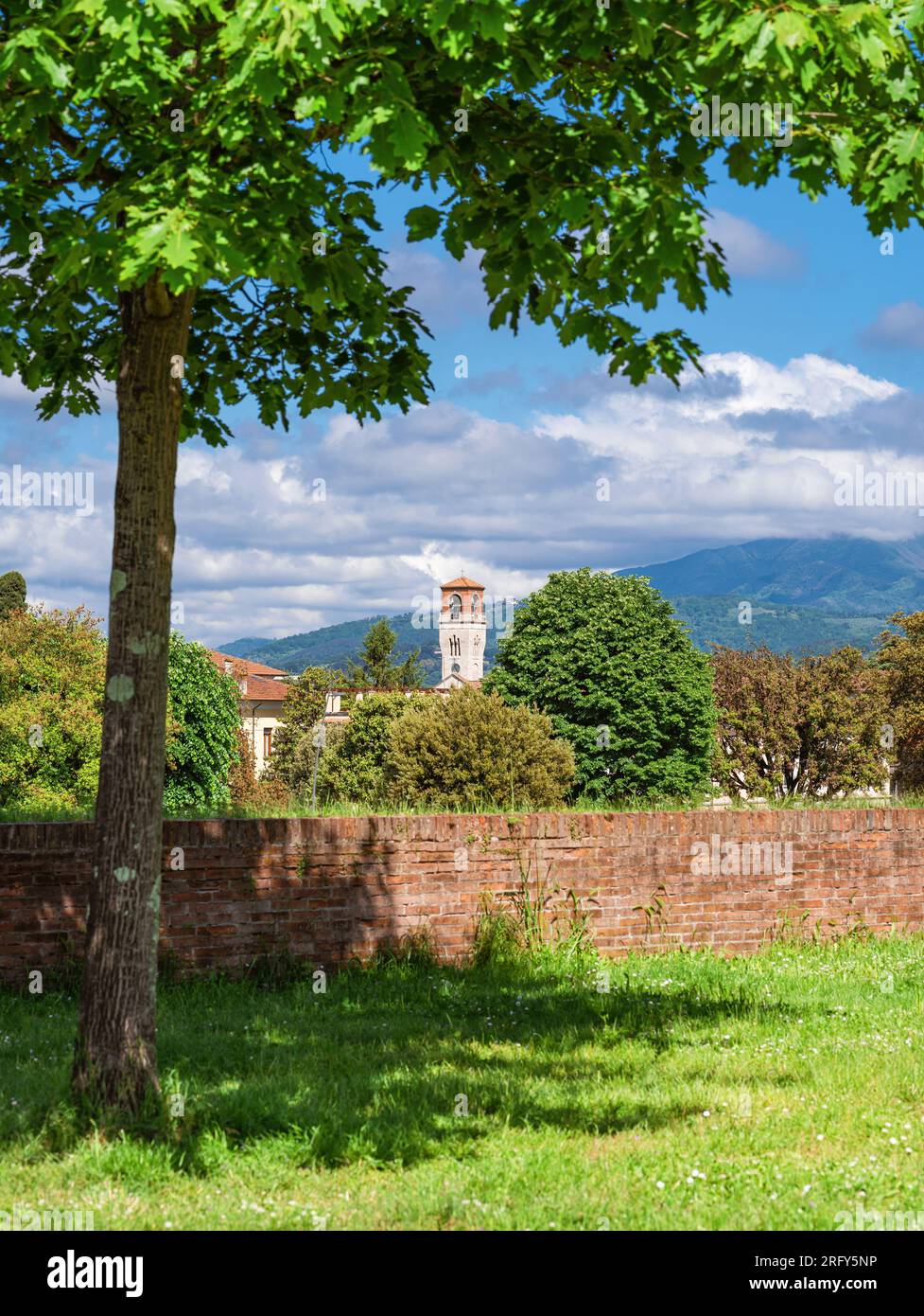 Vista dell'antico campanile della chiesa di Sant'Anna dal parco delle antiche mura della città di Lucca Foto Stock