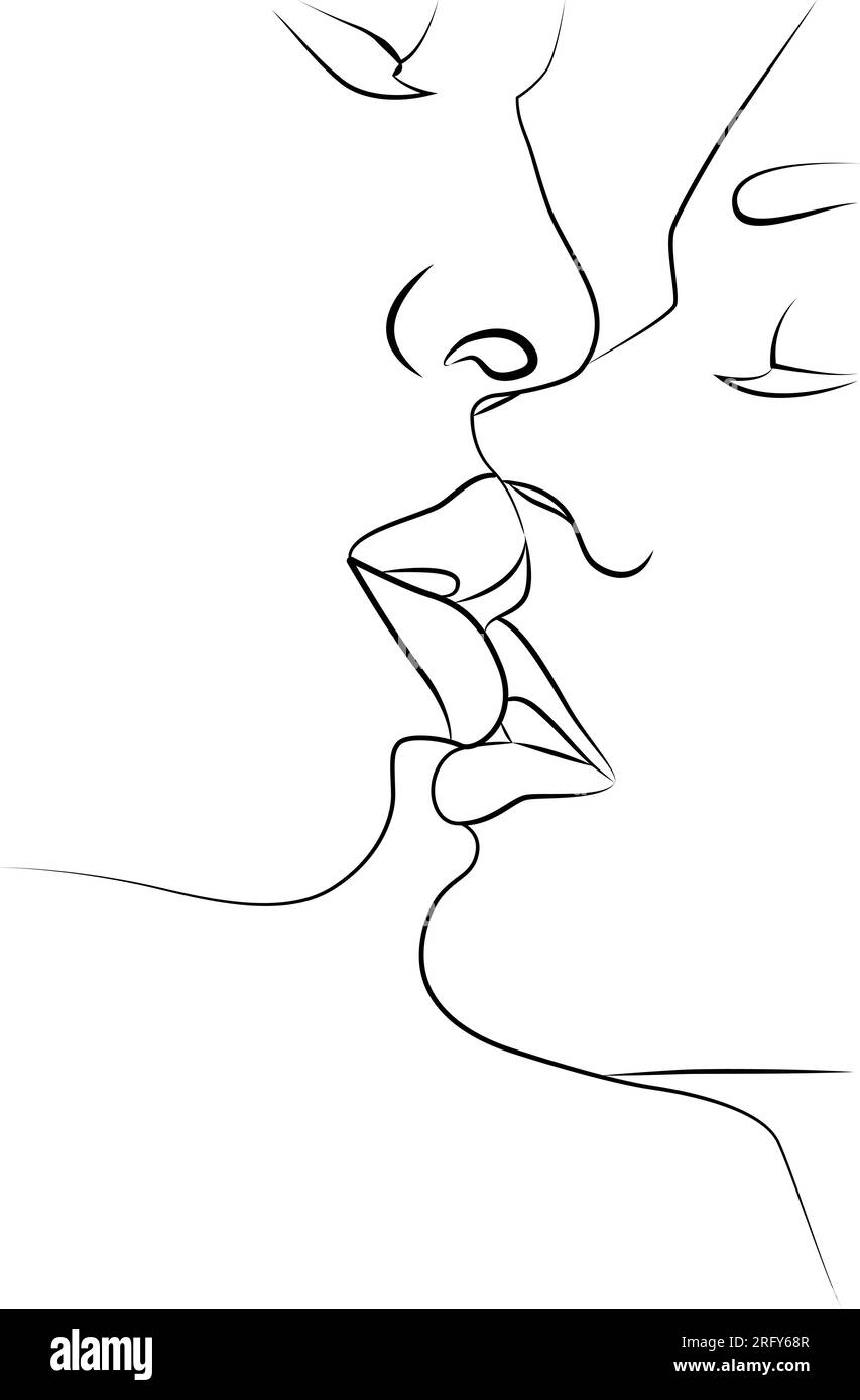 Baciare coppia, bacio, labbra. Un disegno continuo su una linea raffigurante una donna e un uomo. Illustrazione Vettoriale