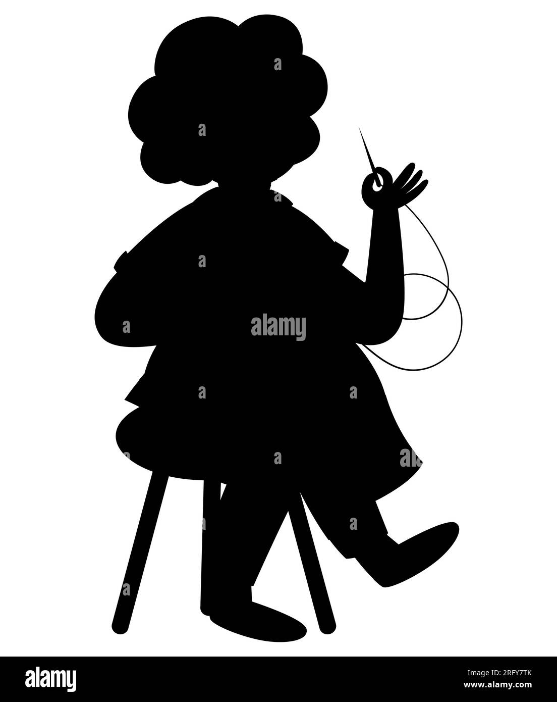 La silhouette nera di una nonna dei cartoni animati che lavora a maglia, un'anziana con i capelli corti che cucisce seduto su una sedia, vettoriale isolato su uno sfondo bianco Illustrazione Vettoriale