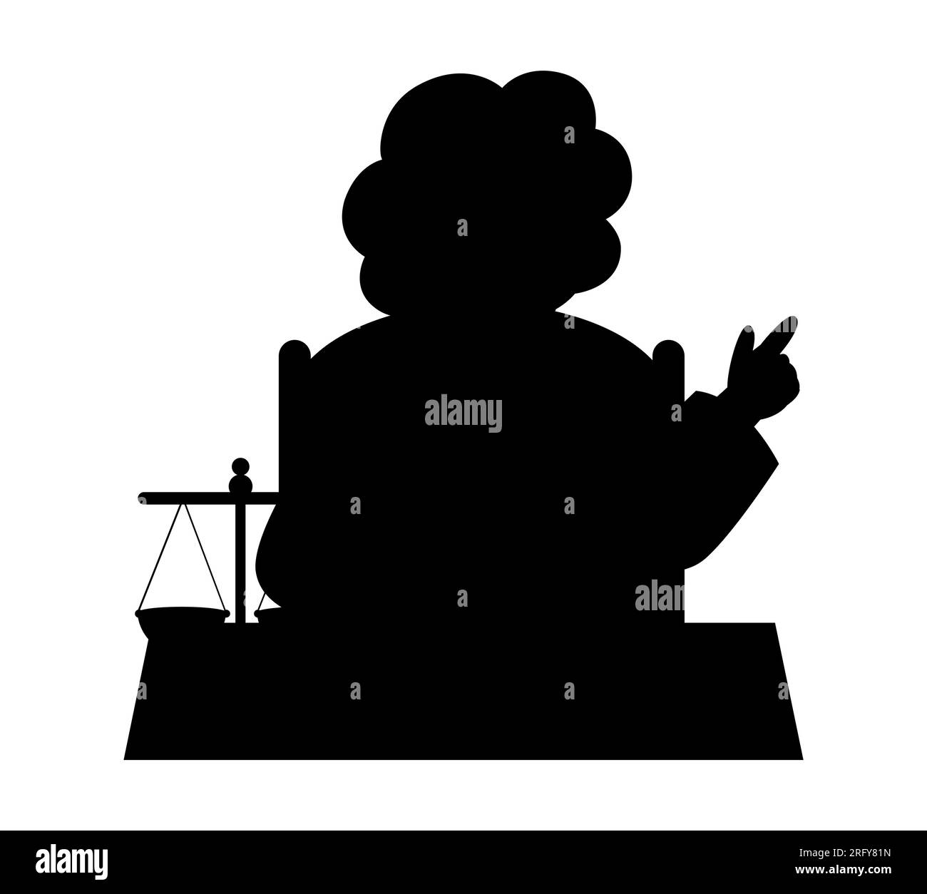 La silhouette nera di un giudice donna, una donna in veste e con un martelletto si siede e ascolta le discussioni alle feste. Giurisprudenza e concetto legislativo, ve Illustrazione Vettoriale