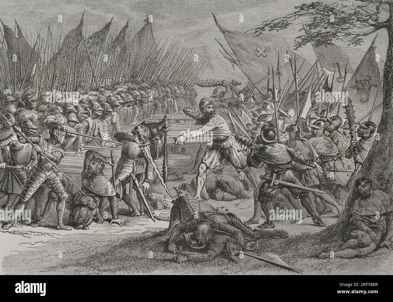 Battaglia di Sempach, 9 luglio 1386. Leopoldo III (1351-1386), duca d'Austria, fu sconfitto dall'esercito della vecchia Confederazione svizzera. L'eroica morte di Arnold Winkelried, un contadino svizzero che decise la vittoria delle truppe confederate. Secondo la leggenda, gli svizzeri inizialmente non furono in grado di sfondare i ranghi stretti dei picchieri asburgici. Winkelried gridò che avrebbe sfondato la linea dei soldati e poi gettato sulle picche austriache, abbattendo alcuni di loro con il suo corpo, sfondando così il fronte austriaco e permettendo agli svizzeri di attaccare e ottenere la vittoria. IT Foto Stock