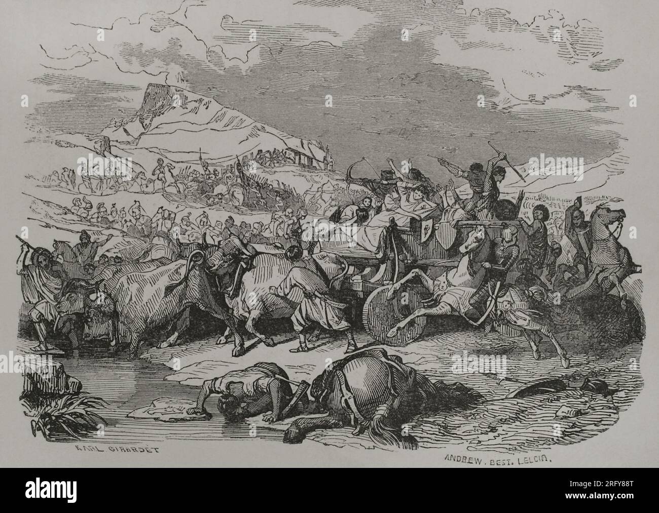 Guerra Cimbric (113 a.C.-101). Confronto tra la Repubblica romana e la tribù germanica dei Cimbri. La sconfitta dei Cimbri. Incisione di Karl Girardet dopo Alexandre Gabriel Decamps (1803-1860). Los Héroes y las Grandezas de la Tierra. Volume V. 1855. Foto Stock