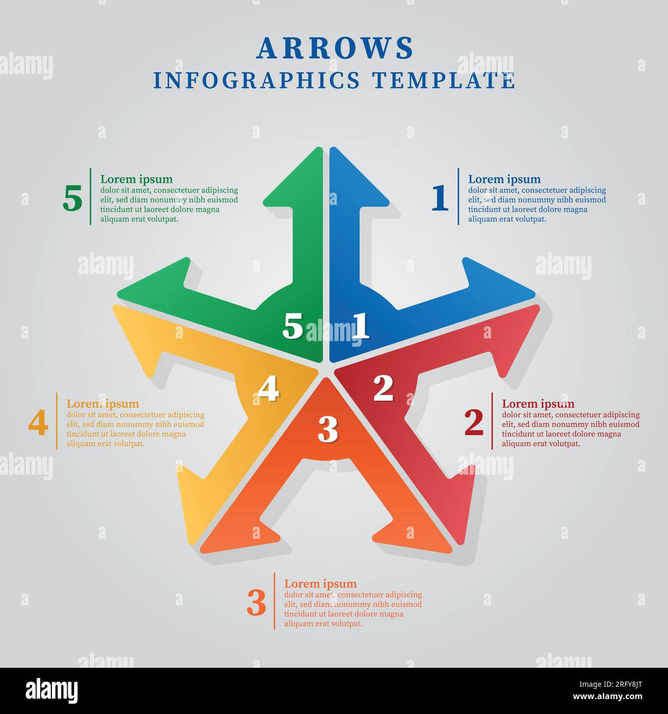 Arrow elabora il modello di progettazione delle infografiche. Infografica sul concetto di business con 5 opzioni, fasi o processi. Vettore e illustrazione. Illustrazione Vettoriale