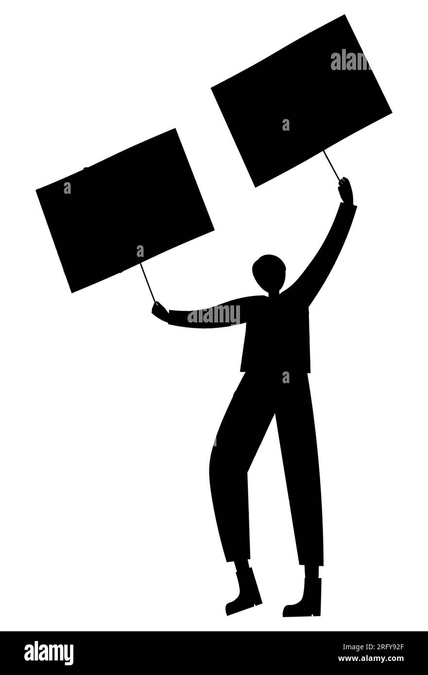 Silhouette nera di un uomo che tiene due poster tra le mani, un manifestante, un vettore isolato su sfondo bianco Illustrazione Vettoriale