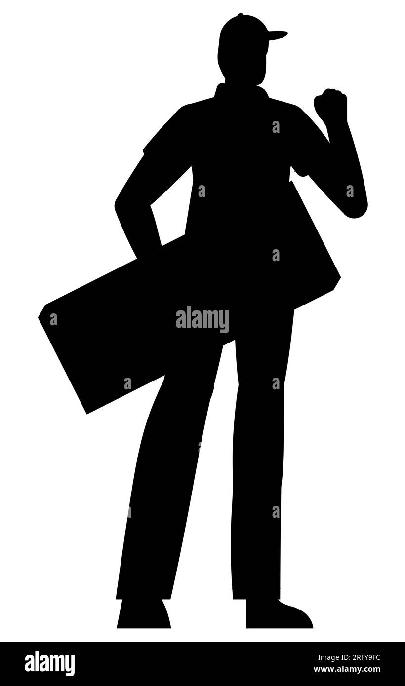 Silhouette nera di un protestore maschile con un poster in mano, vettore isolato su sfondo bianco Illustrazione Vettoriale