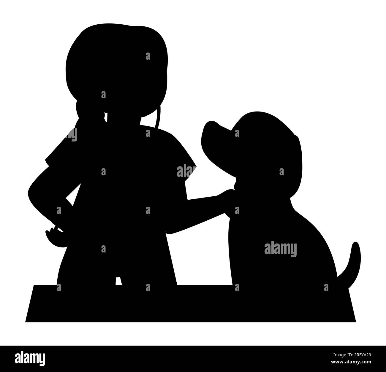 Silhouette nera di una donna dei cartoni animati con il suo cane, una femmina che accarezza il suo cane, illustrazione vettoriale del concetto di vita quotidiana isolata su sfondo bianco con c Illustrazione Vettoriale