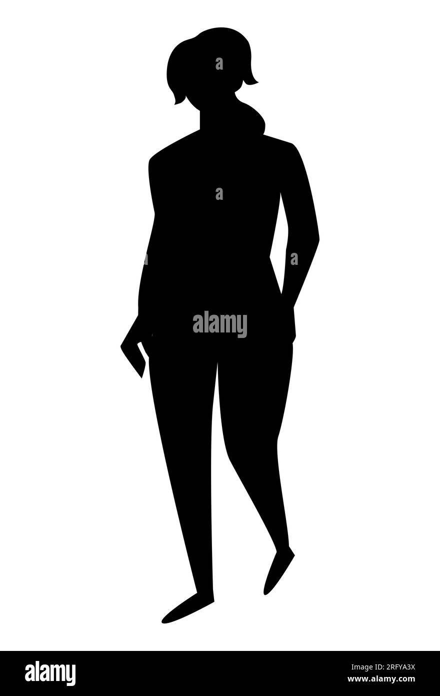 Silhouette nera di una donna semplice e informale che cammina, femmina con coda di cavallo, vettoriale isolata su sfondo bianco Illustrazione Vettoriale