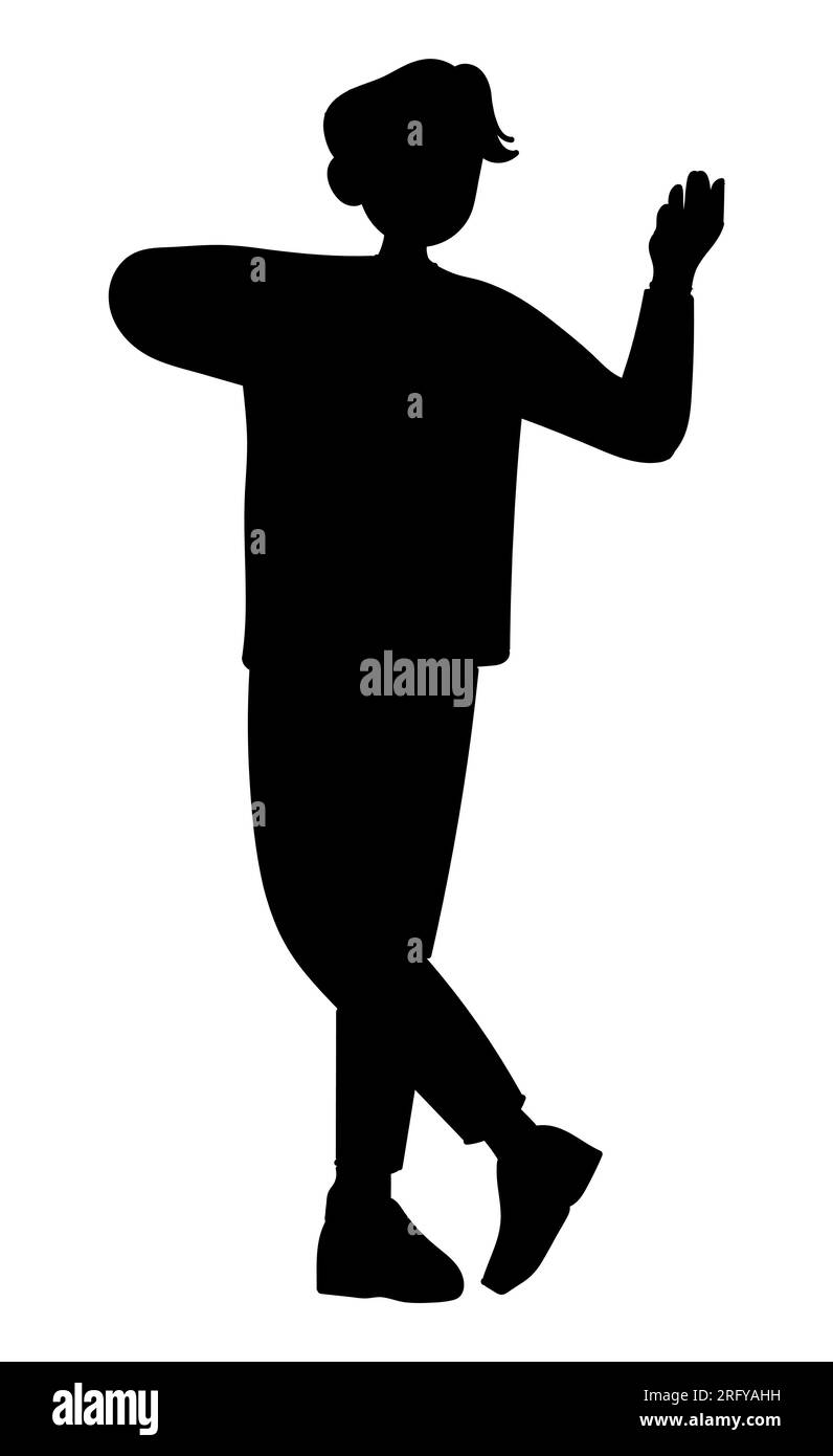 Silhouette nera di un giovane che balla da solo nella felicità, vettore isolato su sfondo bianco Illustrazione Vettoriale