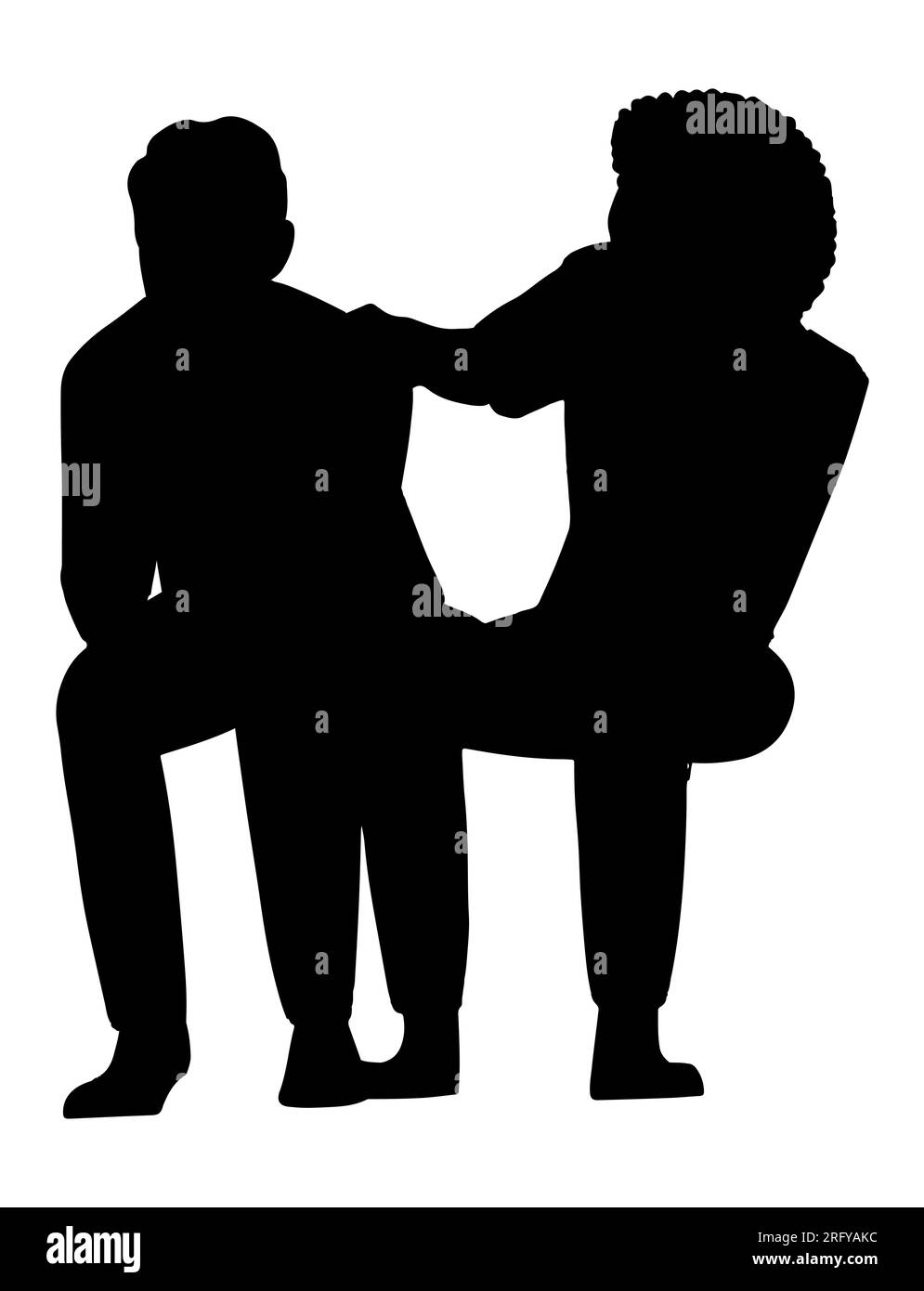 Silhouette nera di un uomo che conforta e accarezza il suo amico sotto stress, un giovane maschio che affronta l'ansia, illustrazione vettoriale isolata su ba bianca Illustrazione Vettoriale