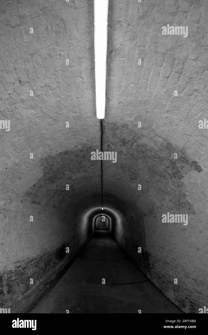 Foto monocromatica del tunnel di accesso al Grand Shaft a dover Western Heights, Inghilterra, con strisce luminose fluorescenti sul soffitto. Foto Stock