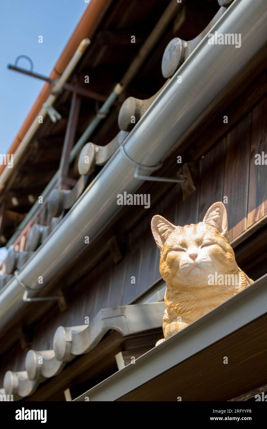 Una statuetta di gatto collocata tra le grondaie di una strada per lo shopping che conserva il gusto della città vecchia di Tokyo Foto Stock