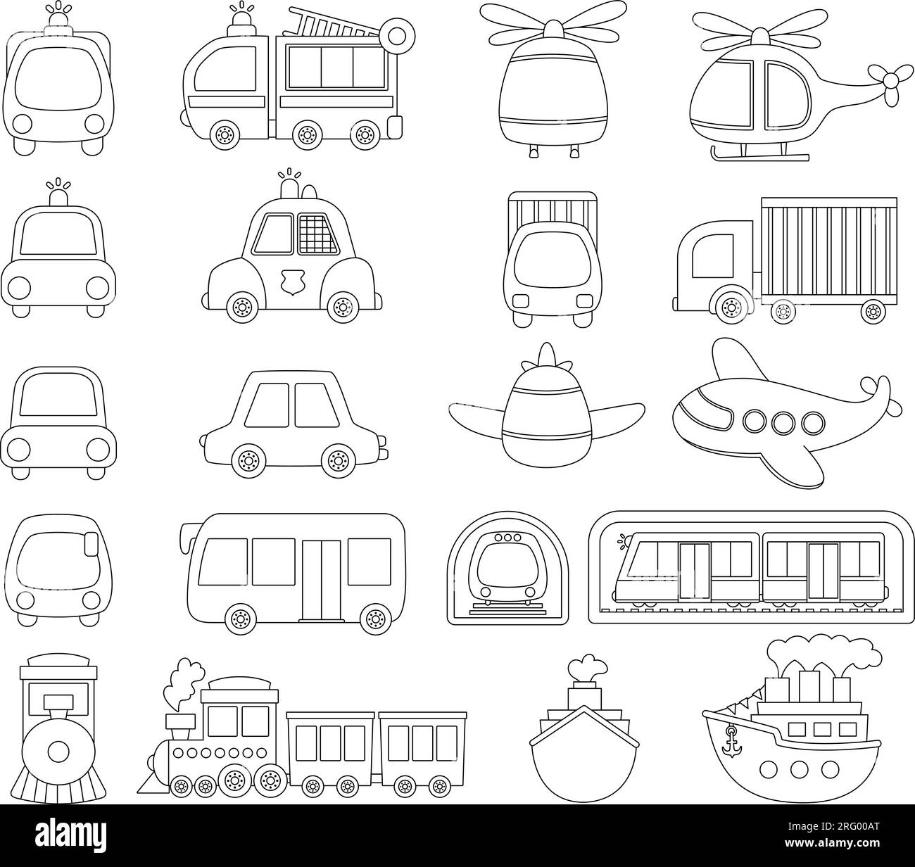 Set di trasporto Vector in bianco e nero con vista frontale e laterale. Divertente linea di trasporto acqua, terra, aria sotterranea per bambini. Clip per auto e veicoli Illustrazione Vettoriale