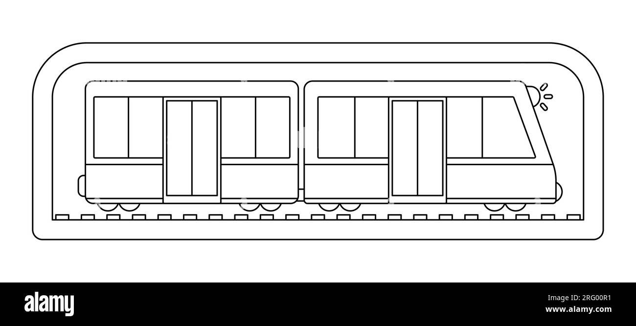 Treno della metropolitana vettoriale bianco e nero. Divertente linea di trasporto sotterraneo con carri per bambini. Graziosa clip art per veicoli metropolitani. Icona dei trasporti pubblici o. Illustrazione Vettoriale