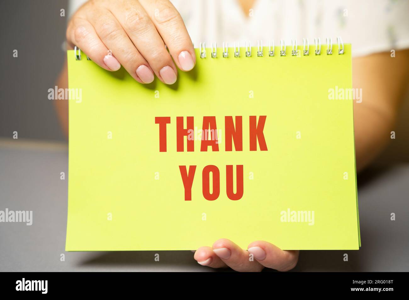 Grazie per le note in mani femminili. Esprimere gratitudine, riconoscimento o apprezzamento. Gratitudine e apprezzamento. Feedback Foto Stock