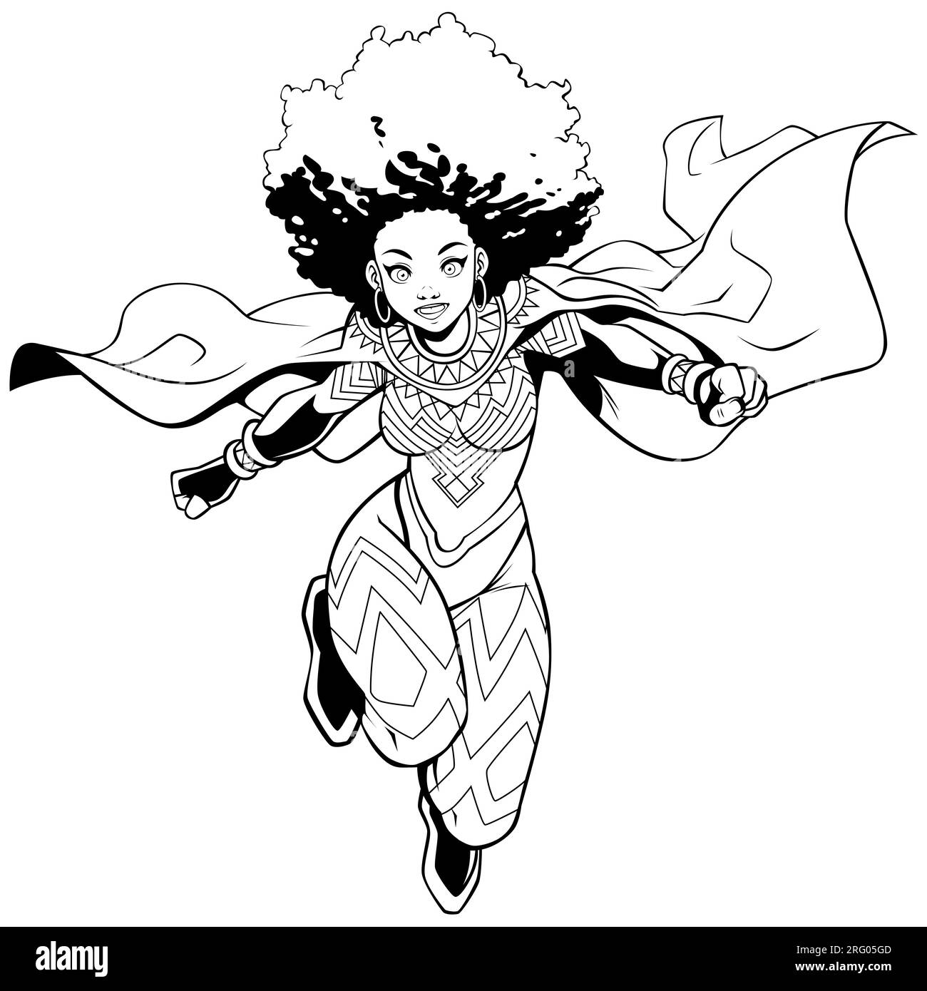 Supereroina africana Flying Anime Line Art Illustrazione Vettoriale