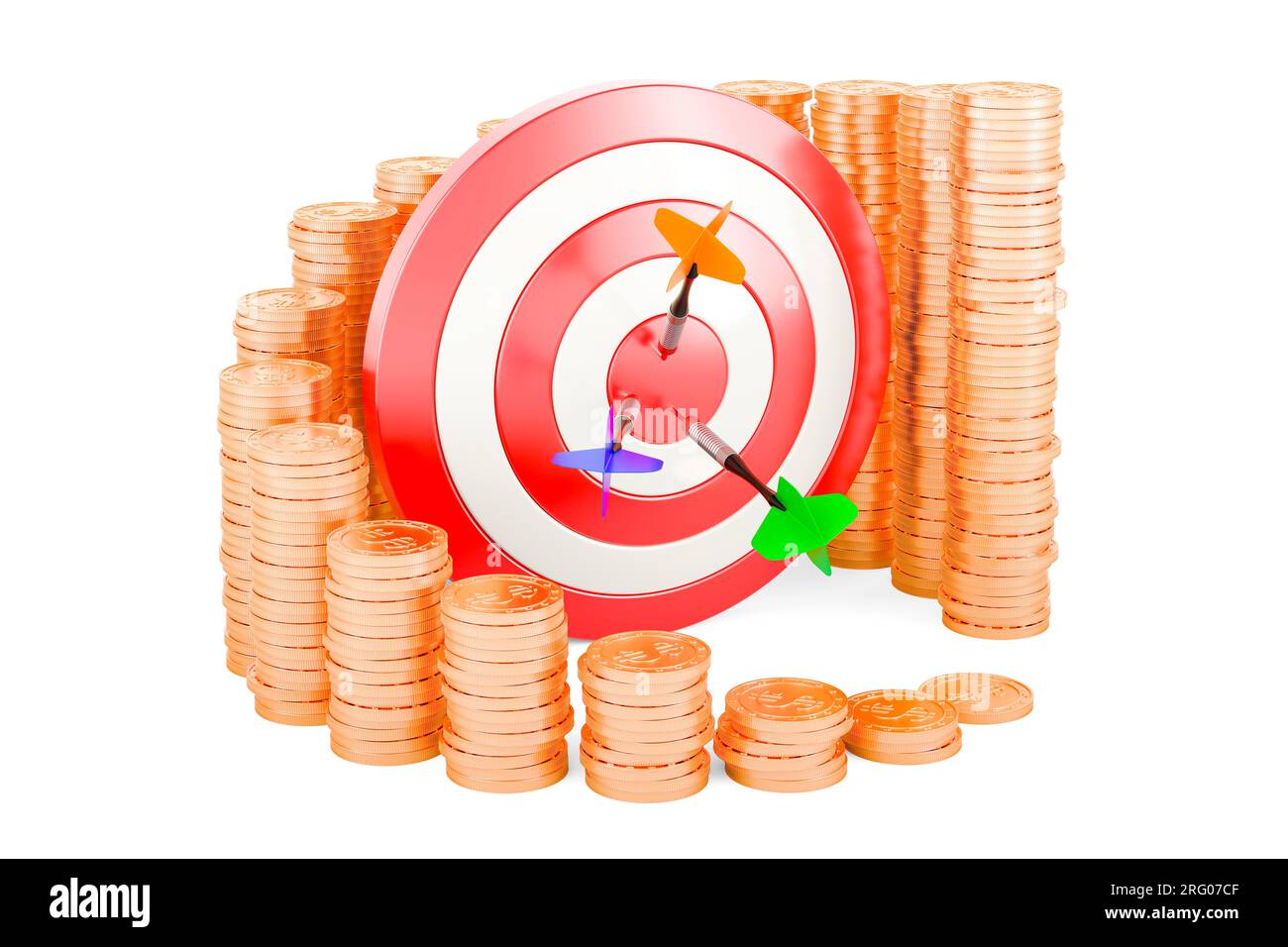 Target con grafico crescente da monete d'oro intorno, rendering 3D isolato su sfondo bianco Foto Stock