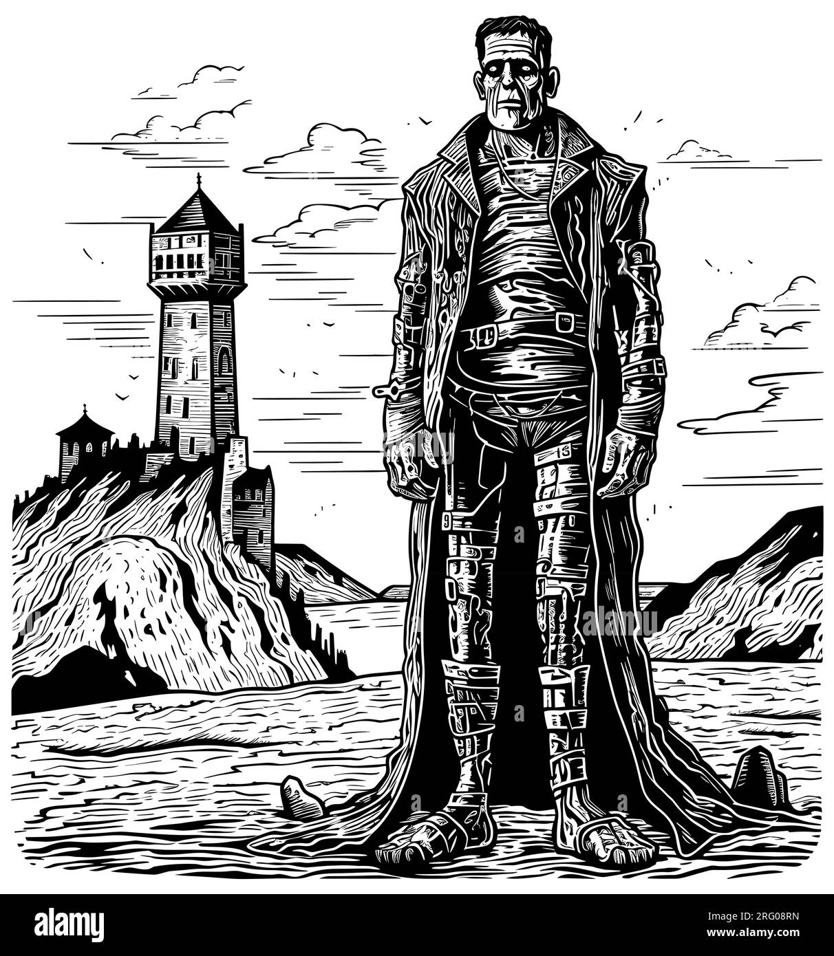 Frankenstein Monster Linocut Illustrazione Vettoriale