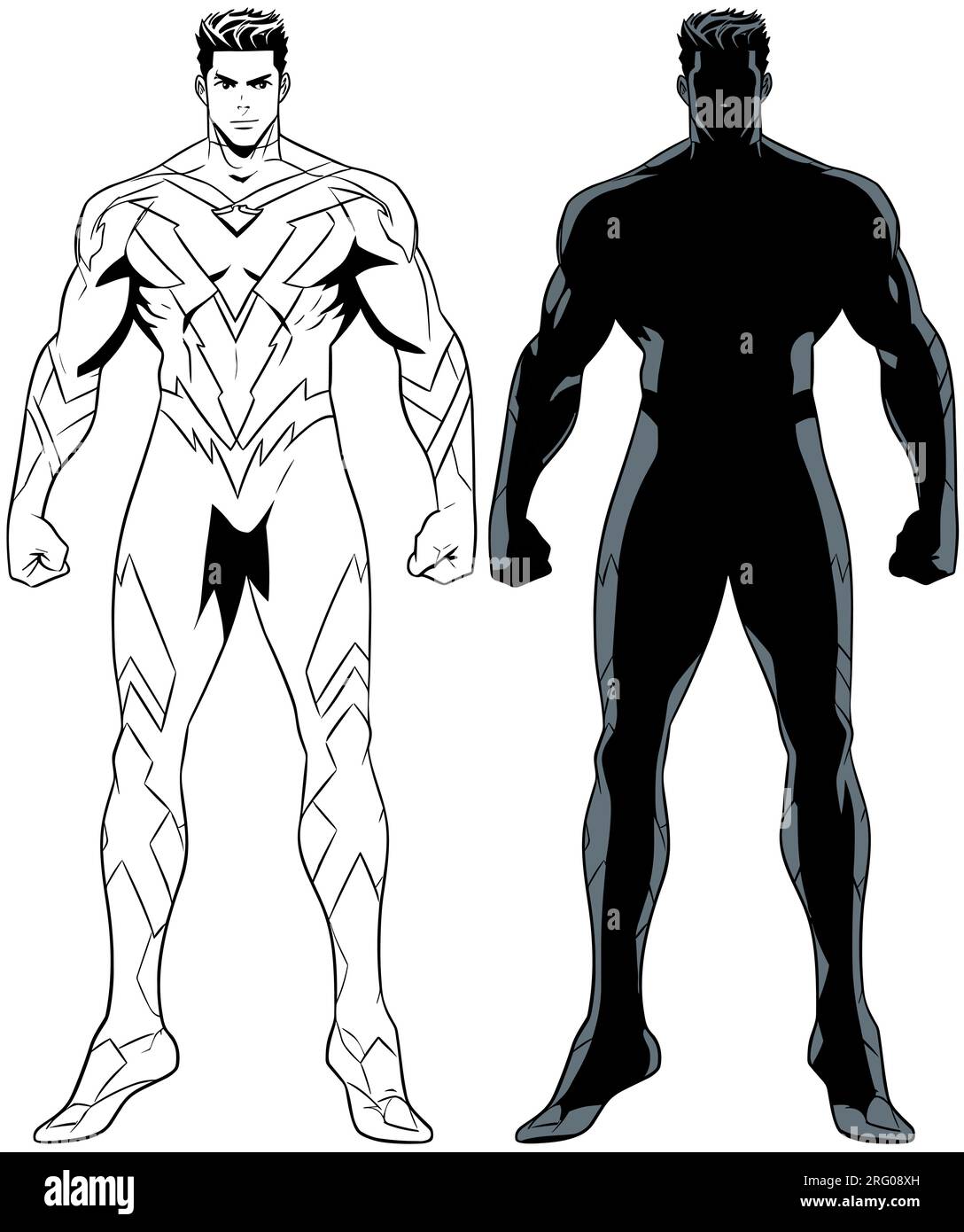 Illustrazione in stile anime di un giovane supereroe che vola su sfondo bianco. Una versione è line art e un'altra è silhouette. Illustrazione Vettoriale