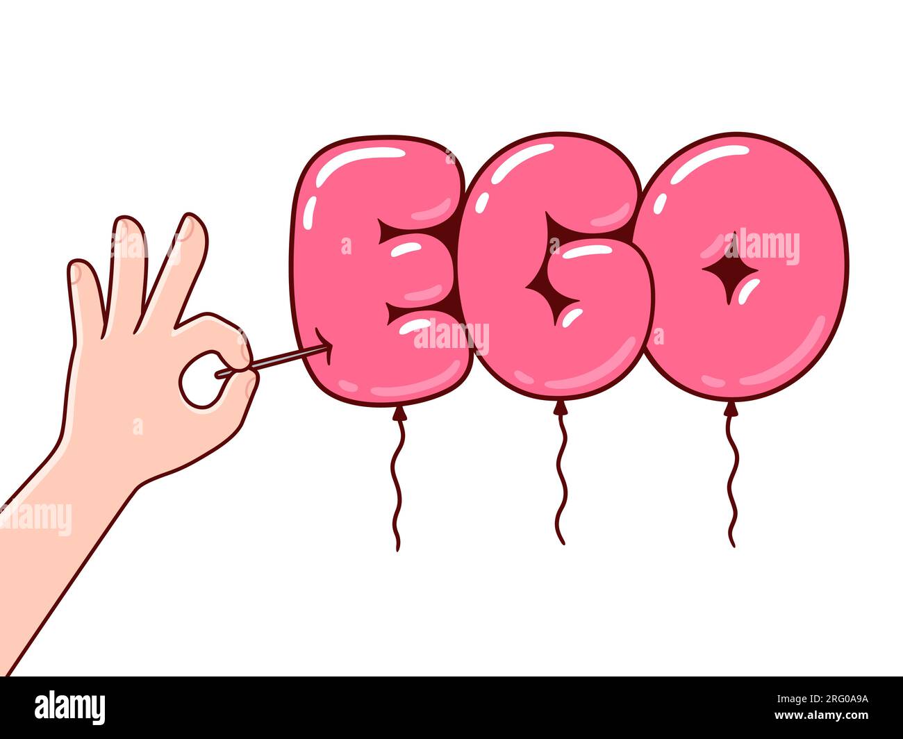 Concetto di ego gonfiato. Mano che regge un palloncino EGO DEL cartone animato che scoppia un ago. Illustrazione Vector clip art, disegno in stile fumetto. Illustrazione Vettoriale