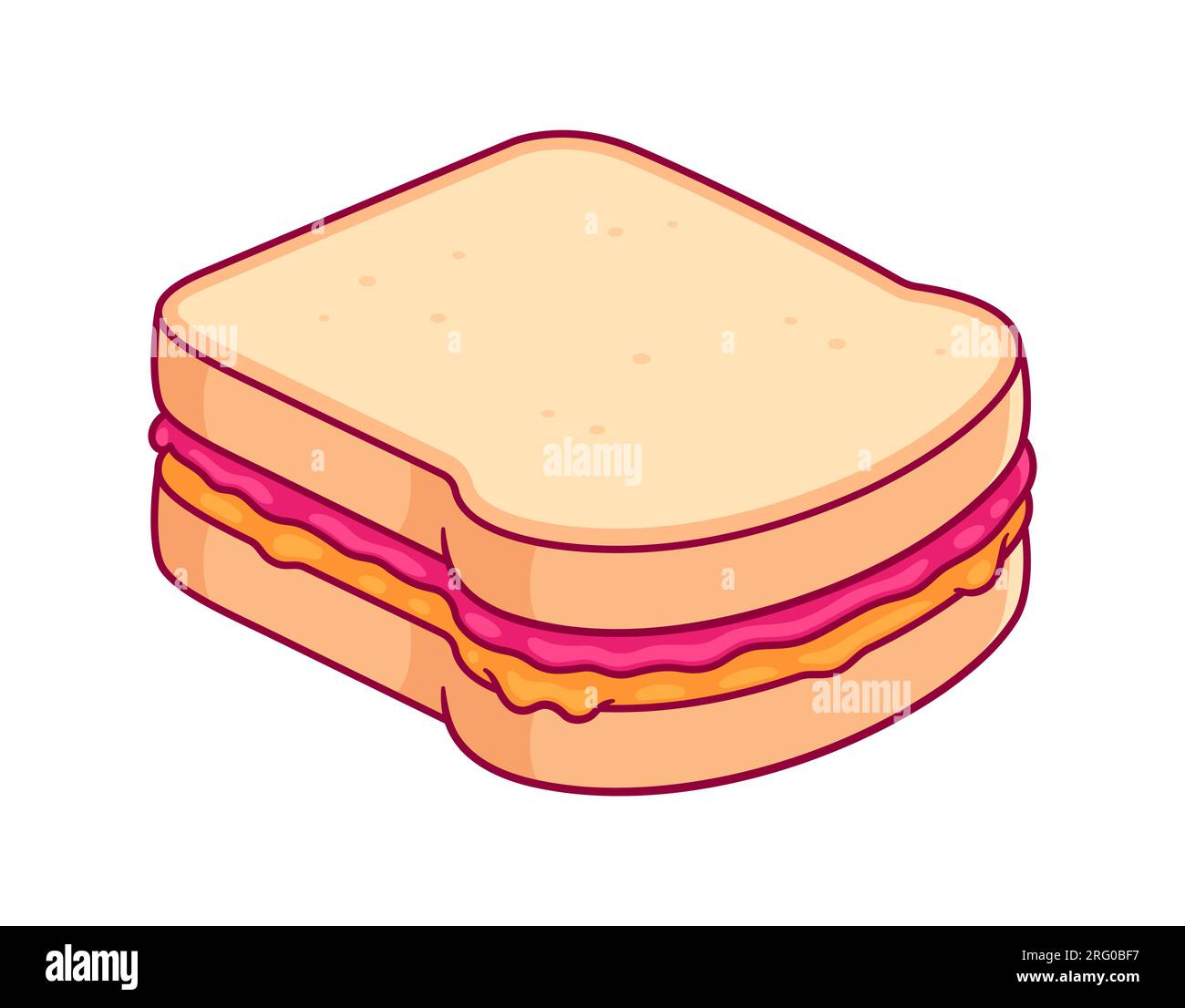Disegno sandwich PBJ. Pane tostato bianco con burro di arachidi e marmellata di lamponi. Illustrazione vettoriale dei cartoni animati. Illustrazione Vettoriale