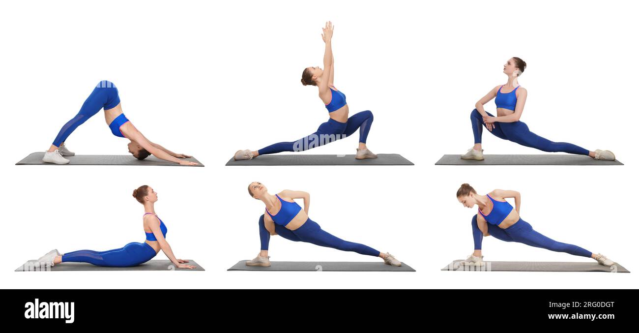 Giovane donna che pratica yoga su sfondo bianco. Collage con diverse asana Foto Stock