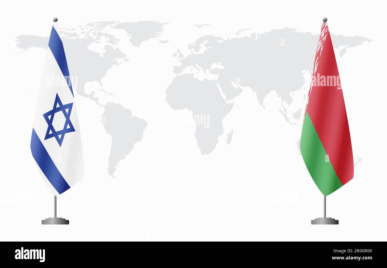 Bandiere israeliane e bielorusse per un incontro ufficiale sullo sfondo della mappa mondiale. Illustrazione Vettoriale