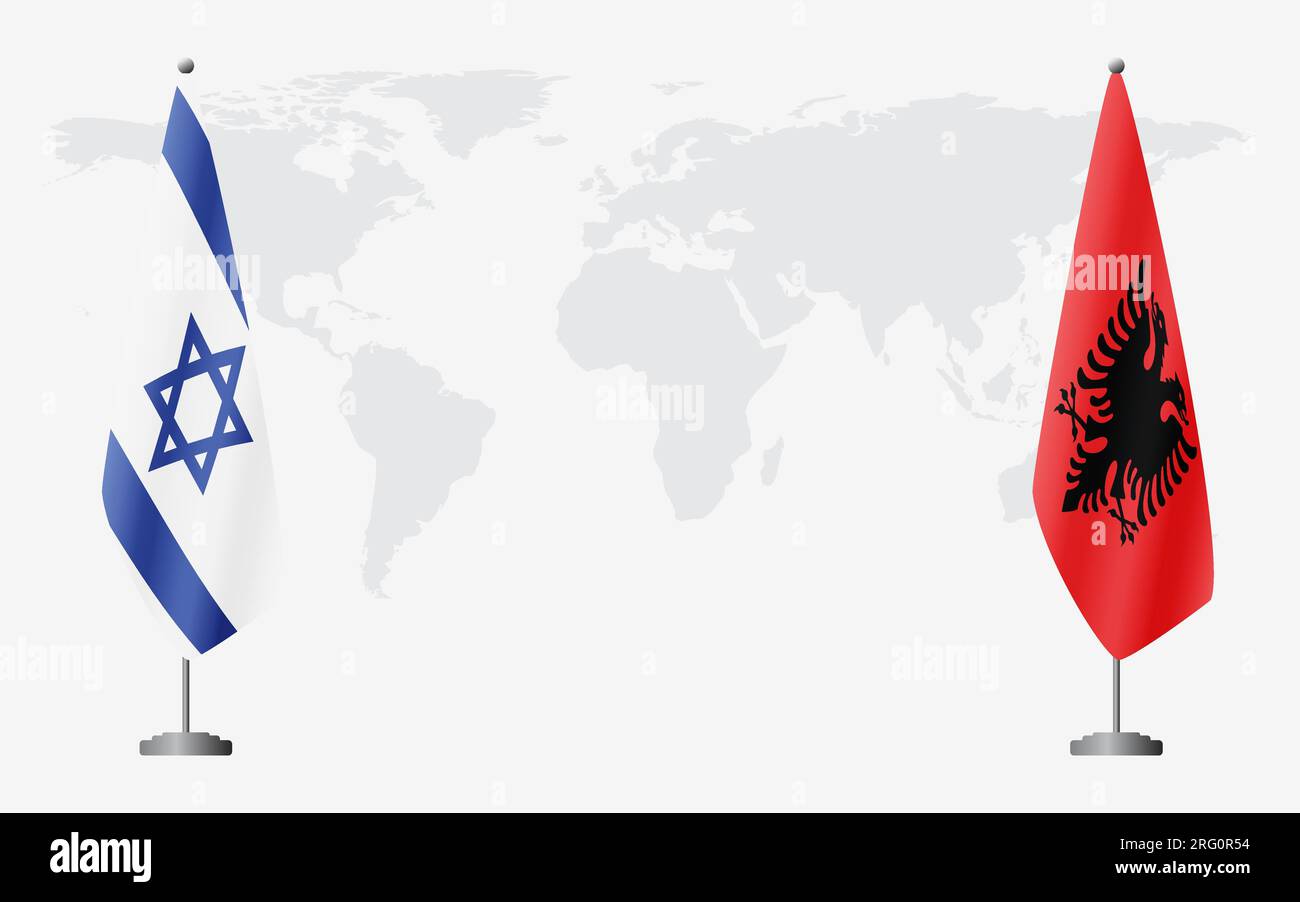 Israele e Albania bandiere per un incontro ufficiale sullo sfondo della mappa mondiale. Illustrazione Vettoriale