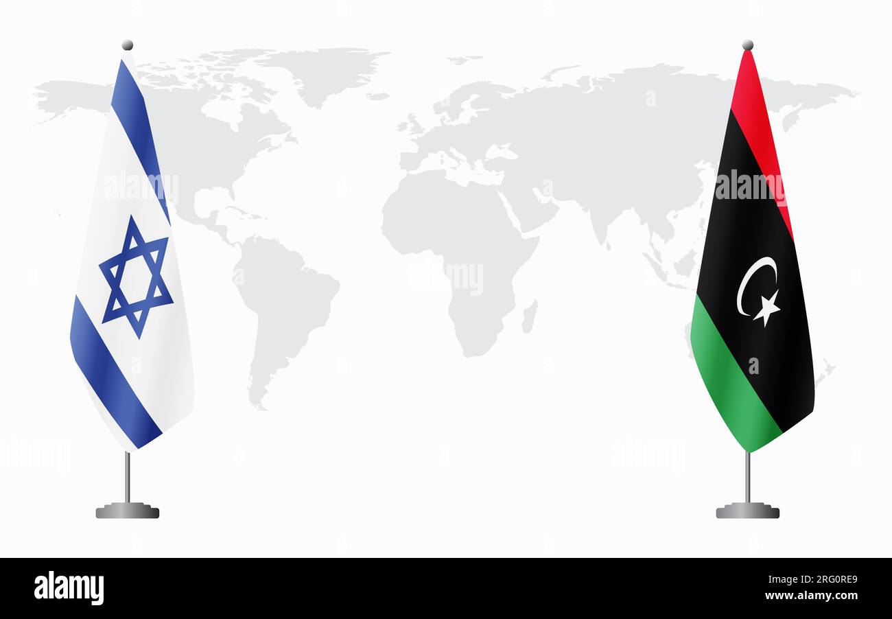 Israele e Libia bandiere per un incontro ufficiale sullo sfondo della mappa mondiale. Illustrazione Vettoriale