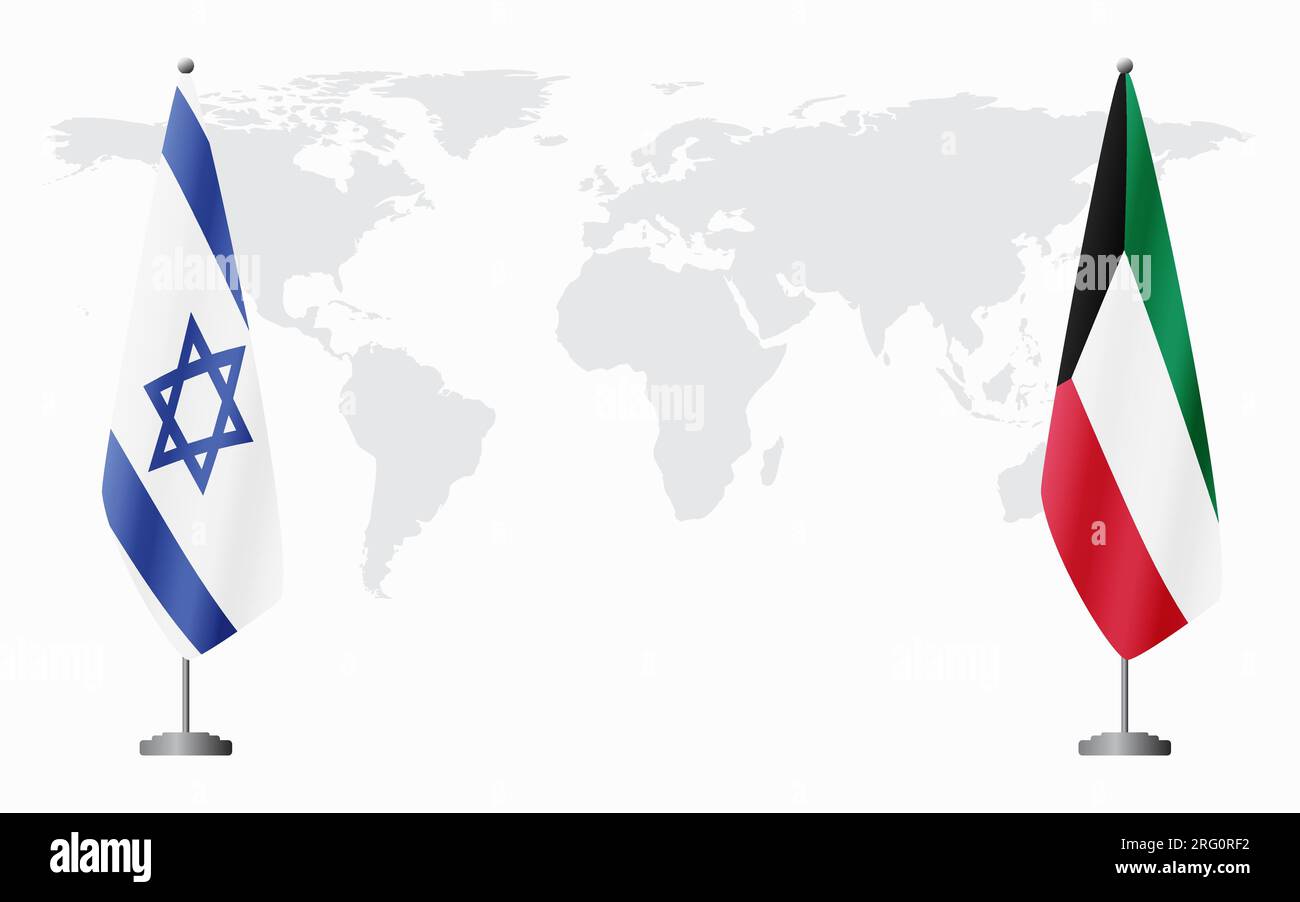 Israele e Kuwait bandiere per un incontro ufficiale sullo sfondo della mappa mondiale. Illustrazione Vettoriale
