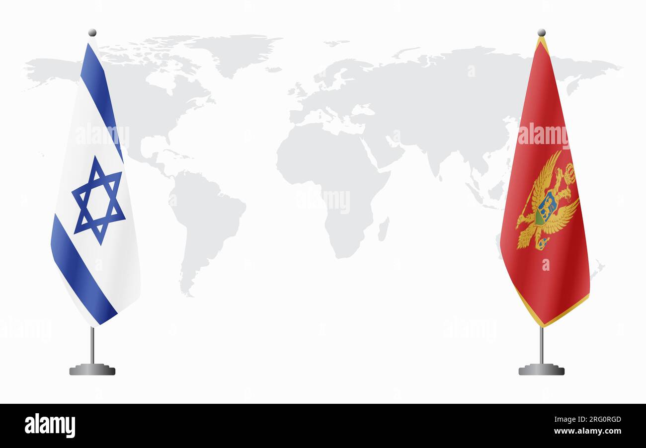 Bandiere di Israele e Montenegro per un incontro ufficiale sullo sfondo della mappa mondiale. Illustrazione Vettoriale