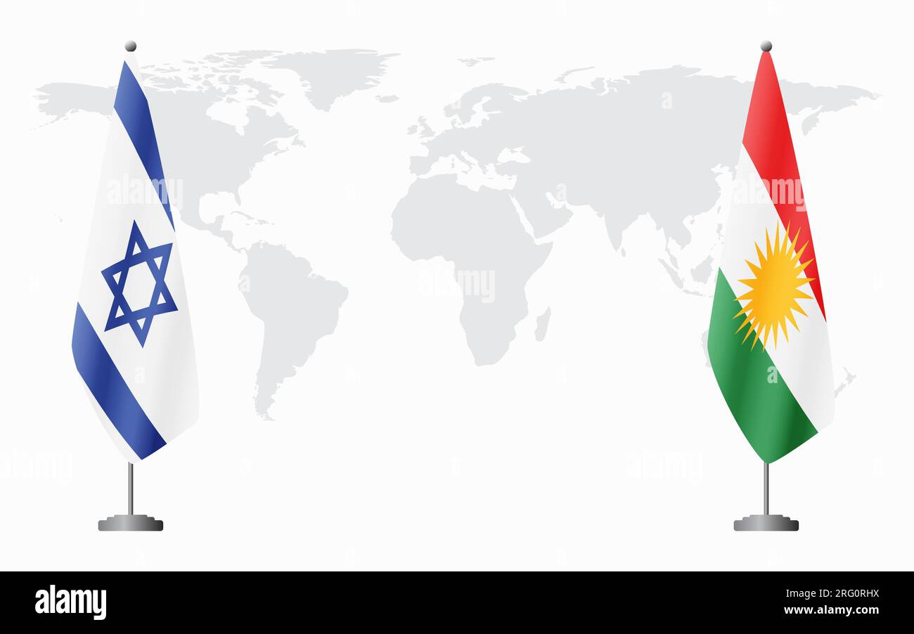 Bandiere israeliane e del Kurdistan per un incontro ufficiale sullo sfondo della mappa mondiale. Illustrazione Vettoriale