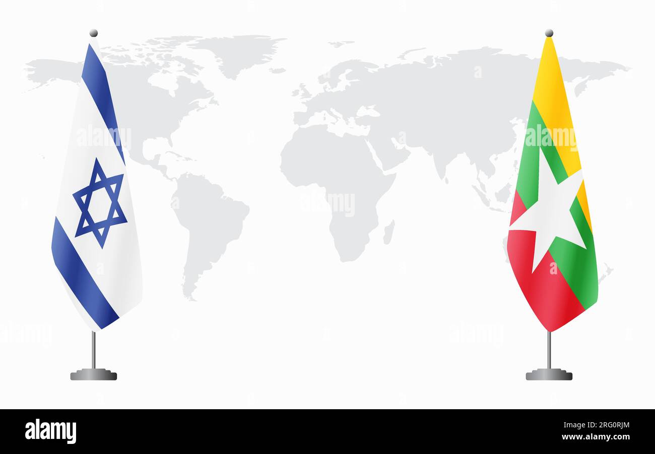 Israele e Myanmar bandiere per un incontro ufficiale sullo sfondo della mappa mondiale. Illustrazione Vettoriale