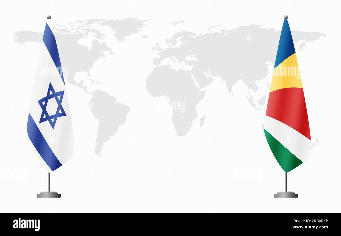Israele e Seychelles bandiere per un incontro ufficiale sullo sfondo della mappa mondiale. Illustrazione Vettoriale