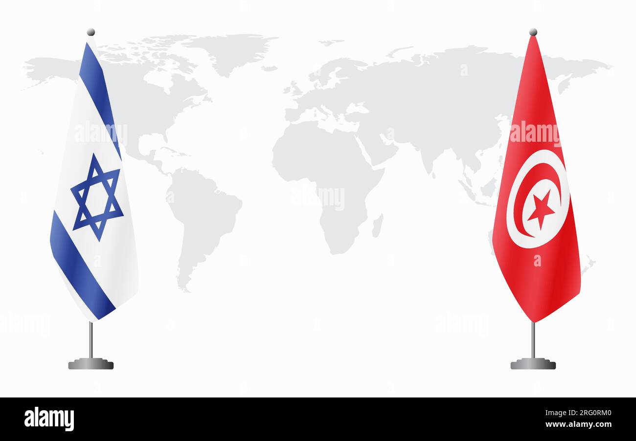Israele e Tunisia bandiere per un incontro ufficiale sullo sfondo della mappa mondiale. Illustrazione Vettoriale