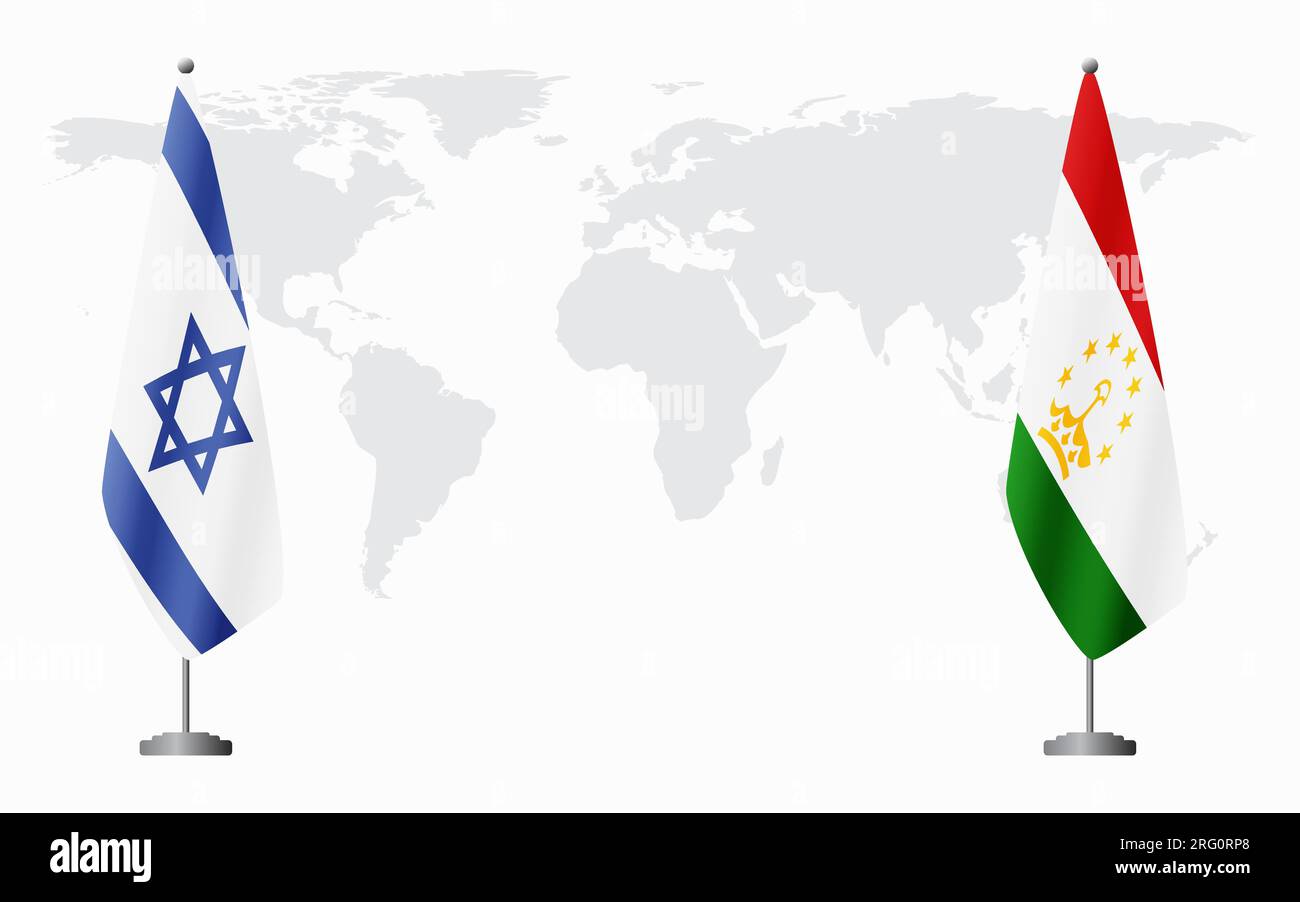 Israele e Tagikistan bandiere per un incontro ufficiale sullo sfondo della mappa mondiale. Illustrazione Vettoriale