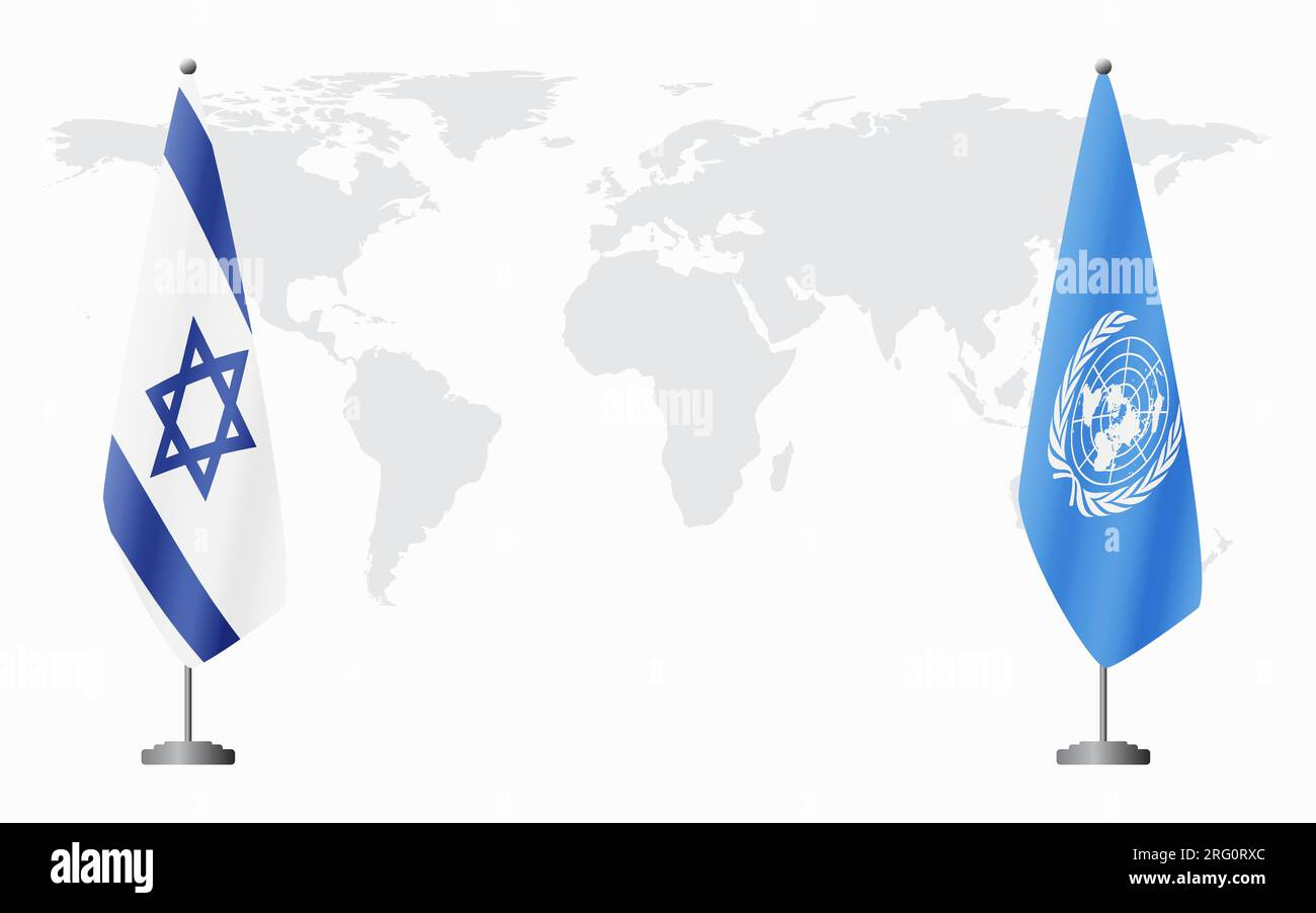 Israele e le Nazioni Unite bandiere per un incontro ufficiale sullo sfondo della mappa mondiale. Illustrazione Vettoriale