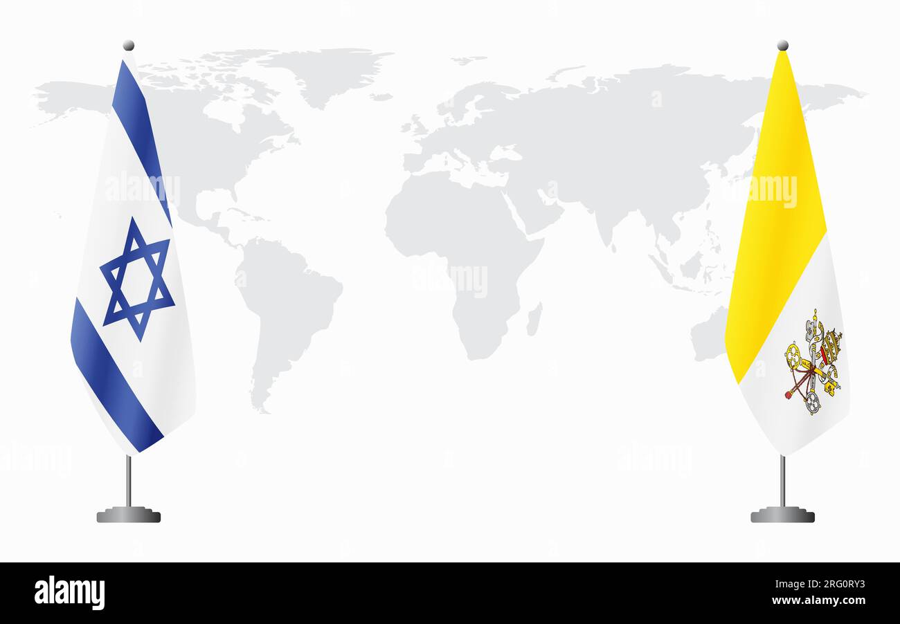 Bandiere di Israele e del Vaticano per un incontro ufficiale sullo sfondo della mappa mondiale. Illustrazione Vettoriale