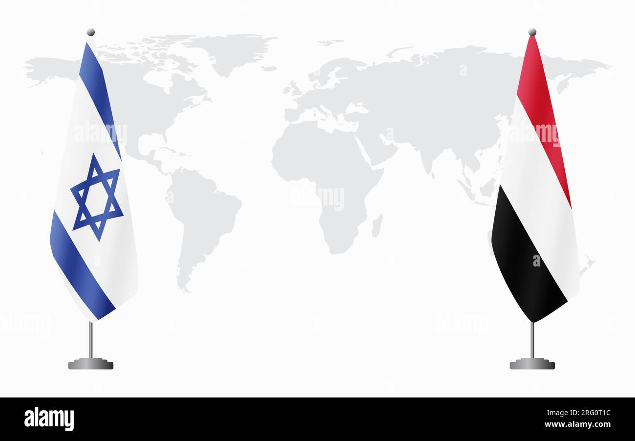 Israele e Yemen bandiere per un incontro ufficiale sullo sfondo della mappa mondiale. Illustrazione Vettoriale