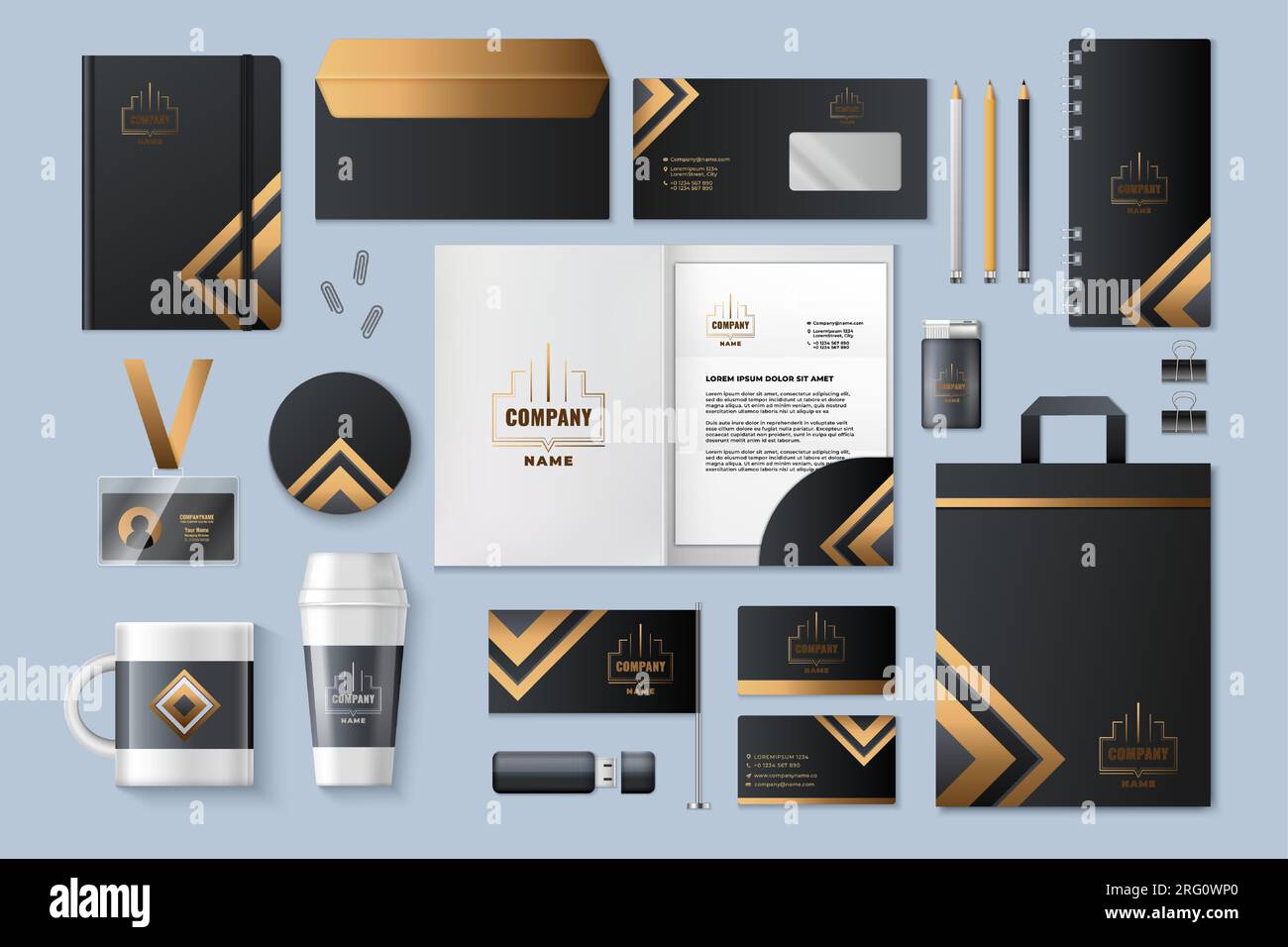Mockup di cancelleria. Logo dell'identità del marchio aziendale. Pacchetto documenti. Busta lettera. Blocco note di carta. Scheda visita. Tazza da caffè. Badge ID. Compagnia Golden i Illustrazione Vettoriale