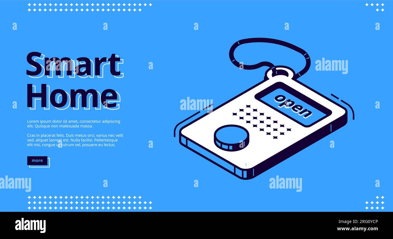 Banner Smart Home. Concetto di tecnologia dell'Internet delle cose. Pagina di destinazione vettoriale del sistema di controllo casa con icona isometrica del telecomando su sfondo blu Illustrazione Vettoriale